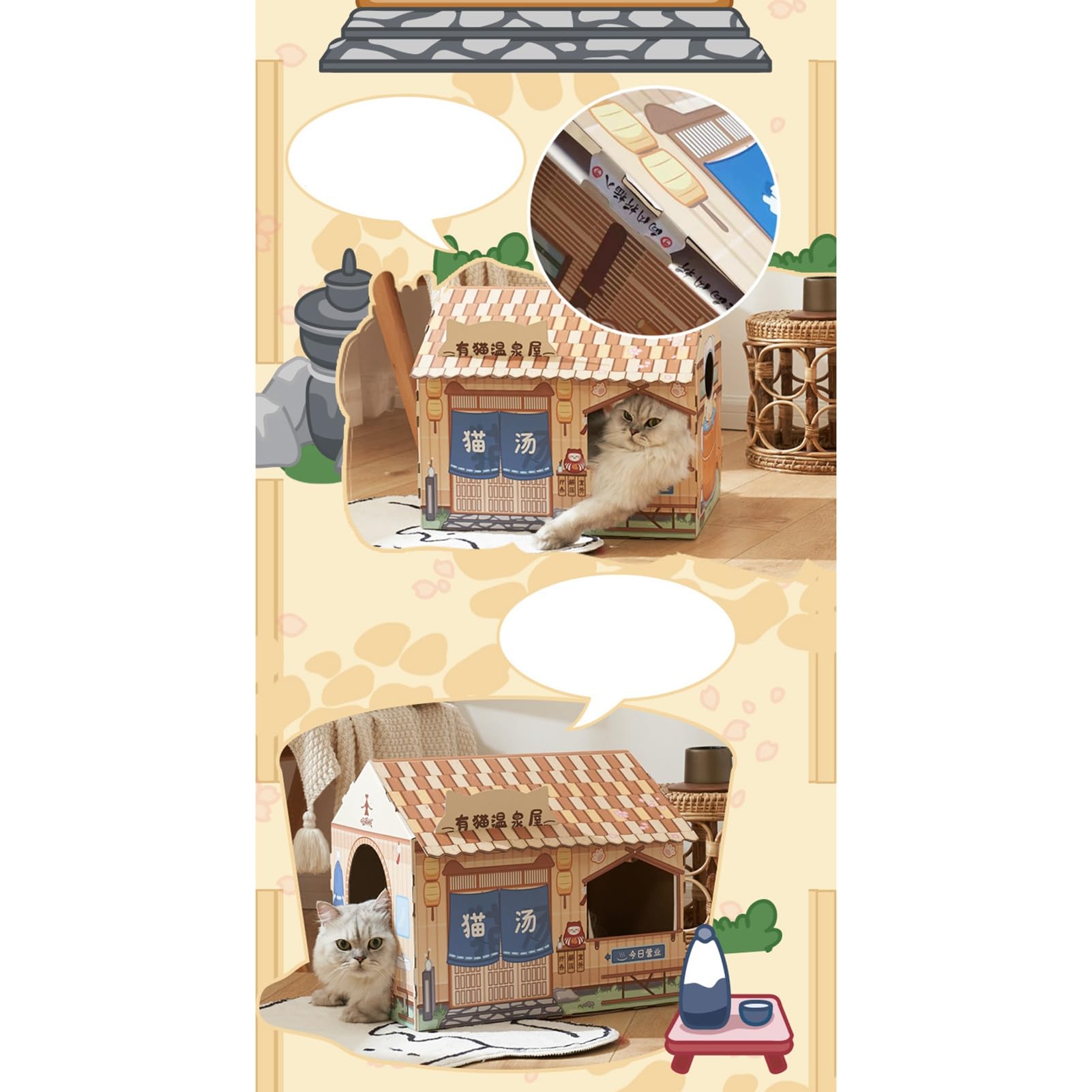 Cryfokt Casetta per Gatti in Cartone, Durevole Ed Ecologica, Casetta da Gioco con Erba Gatta per Gatti e Gattini da Interno (Casa della sorgente termale)