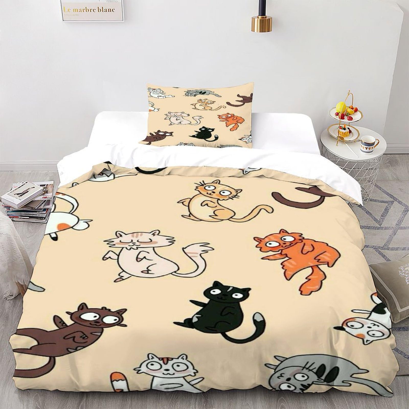 Parure de couette chat 2 pièces en microfibre 135x200cm pour lit simple