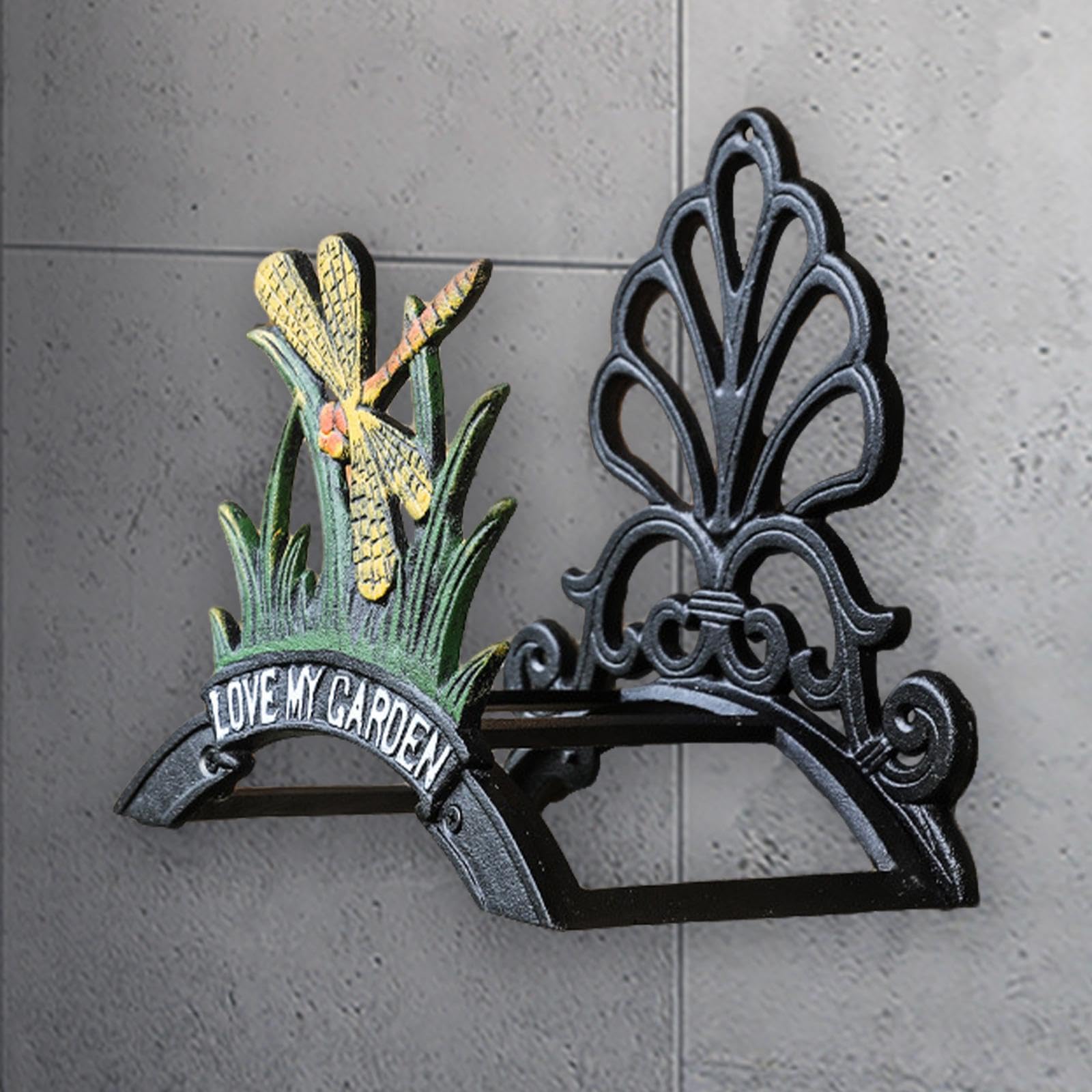 Support Mural Porte-Tuyau de Jardin Organisateur de Tuyau Fer Forgé Accrochage Décoratif à Percer pour Mur Adapté pour Terrasse Maison Balcon Cour Int, 24.5 cm x 18.5 cm x