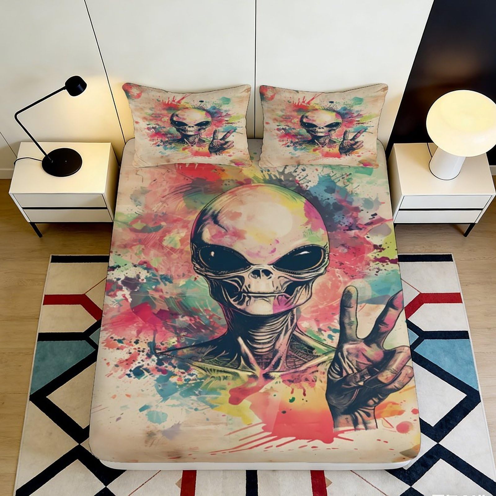 3D Printed Alien Art Fitted Sheet Microfiber Vibrant Paint Splash Bed Cover for Bedroom Guestroom Dorm Mattress Decor 90x200x25cm
