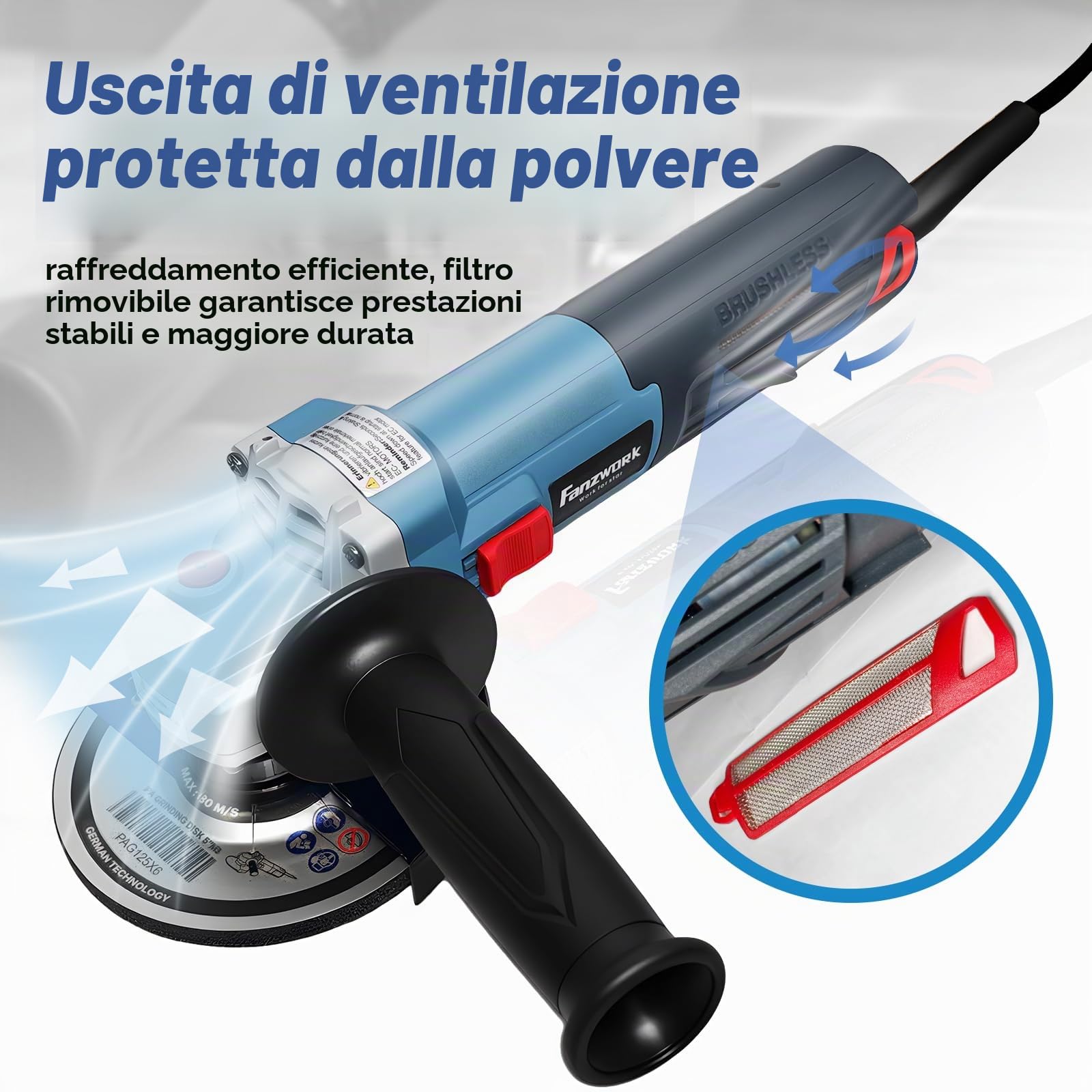 FANZWORK Smerigliatrice Angolare 1500W Motore EC Senza Spazzole, Copertura di Protezione 125mm 1, Leggera 2 kg, Velocità Regolabile in 6 Livelli, Levigatura Precisa, Senza Manutenzione