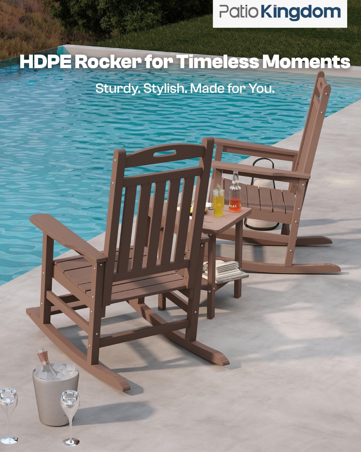 Classic Outdoor Rocking Chair Set with Side Table & 11FT Cantilever Umbrella, 4-Piece HDPE Rocking Lawn Chairs, All-Weather Porch Rocker Furniture for Patio, Deck, Garden (Coffee)