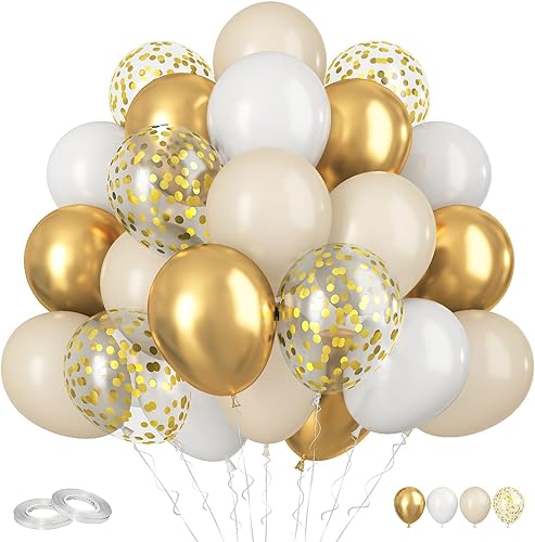 Funhot Globos blancos y dorados, 60 globos dorados y beige, globos de confeti dorado metálico de 12 pulgadas, globos de látex blanco helio para disponible en Yaxa Peru