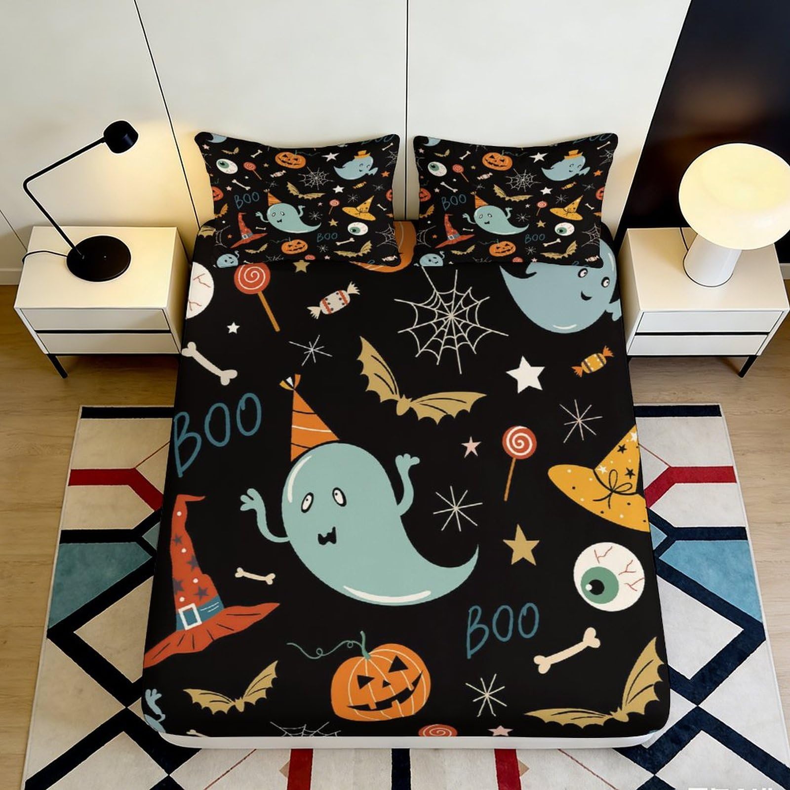 3D Printed Halloween Ghost Fitted Sheet Microfiber Non Slip Pumpkin Bat Mattress Cover for Bedroom Dorm Decor 140x200x25cm