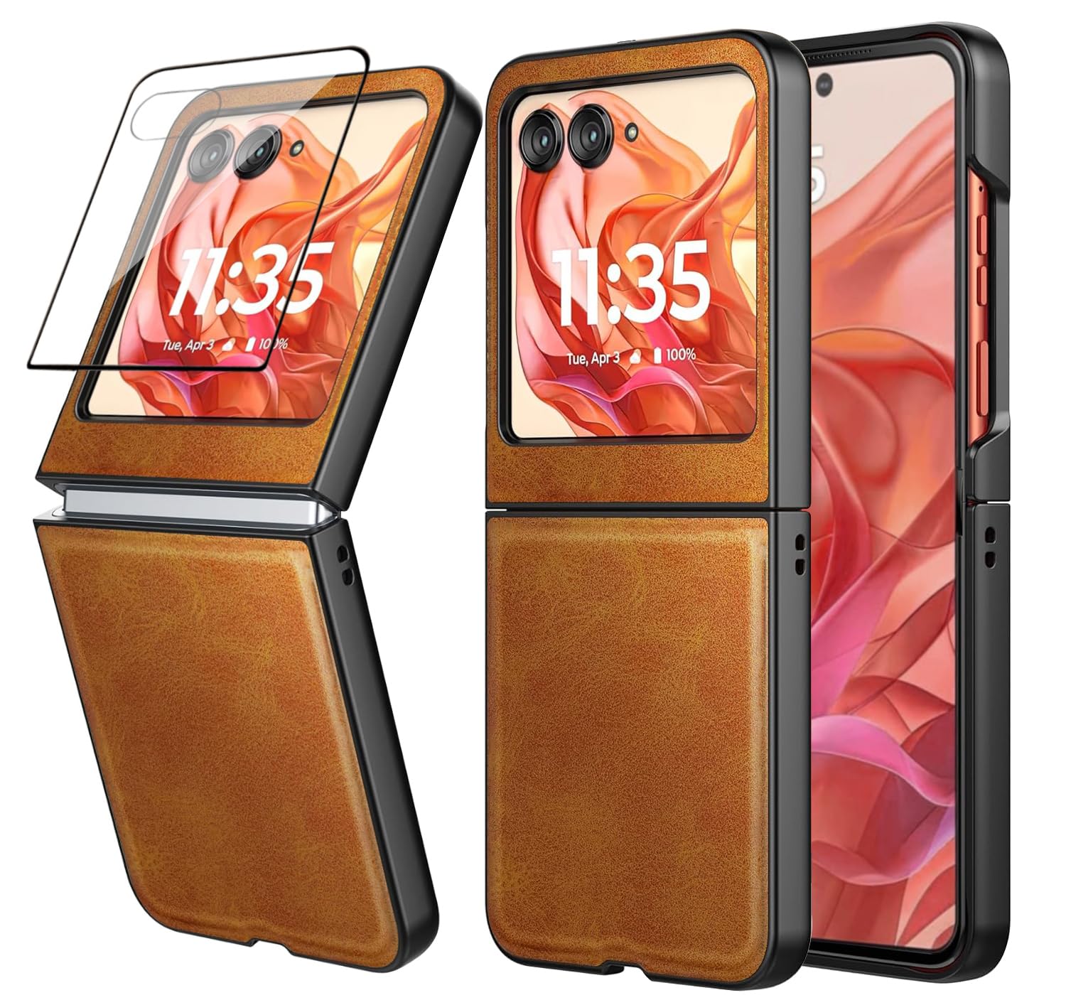 for Motorola Razr 2024 Case,Moto Razr 2024 Case with Front Screen Protector,Genuine Leather+ Hard PC Shell Ultra Thin Slim Durable Protective Casas for Razr 2024 Phone Case-Yellow