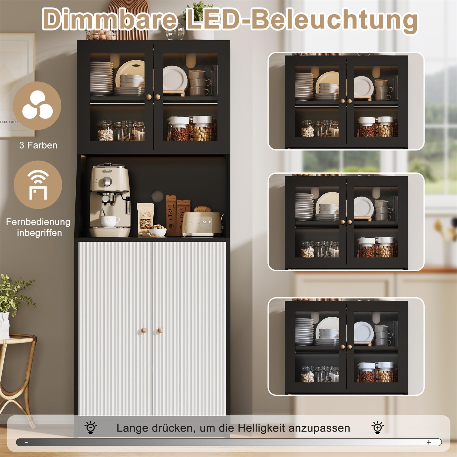 Küchenschrank mit Arbeitsfläche, Buffetschrank mit LED, Mehrzweckschrank, pantryküche, Vorratsschrank mit verstellbaren küchenregal, Küche, Wohnzimmer, Esszimmer, Kabelloch,Schwarz,180x70x40cm