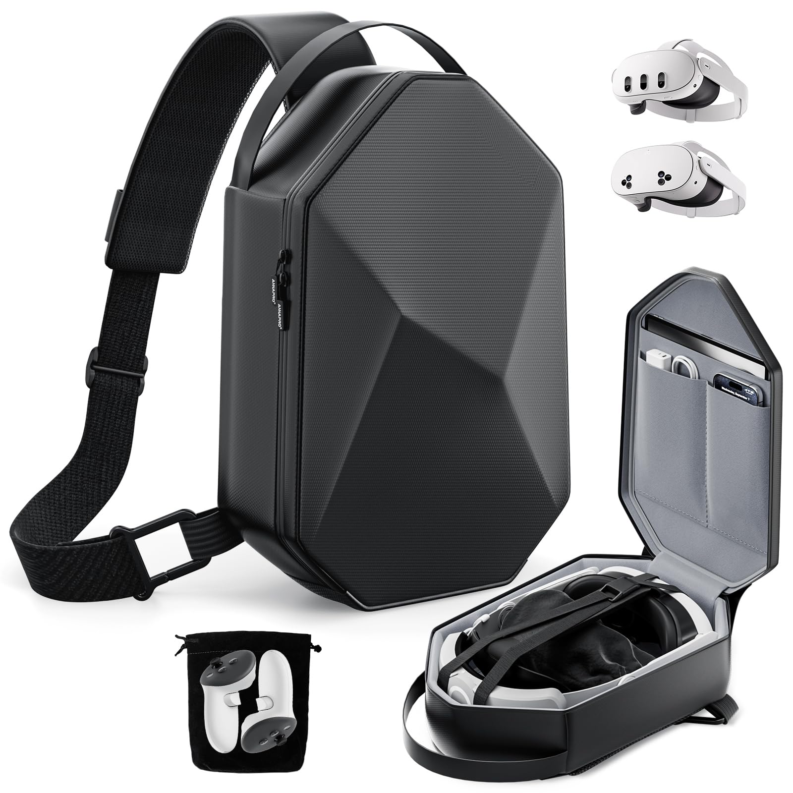 Carrying Case for Meta Quest 3/Quest 3S/Quest 2/Apple Vision Pro 2, Fashion Crossbody VR Bag Compatible with Kiwi Design/BOBOVR Elite Battery Strap Accessories, Shoulder Travel Bag