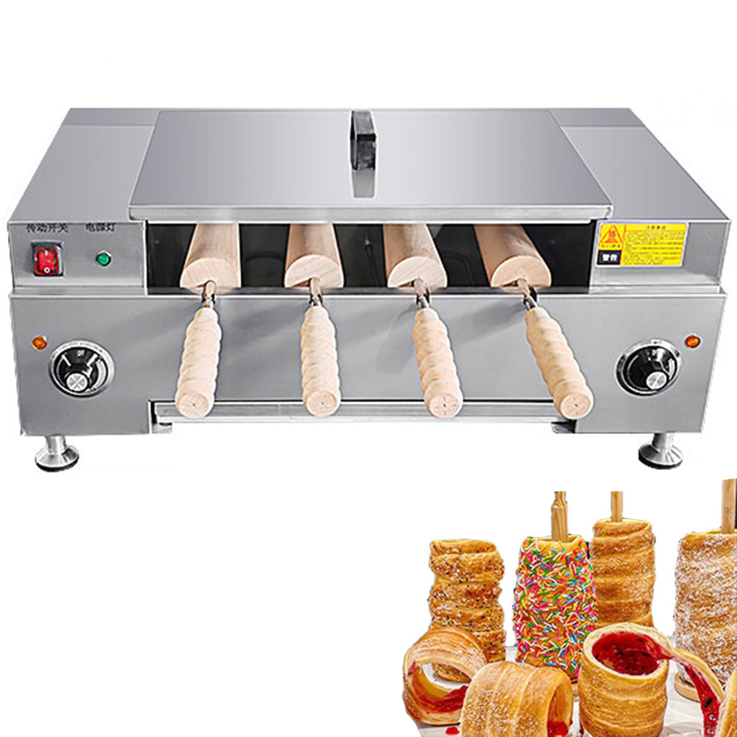 Qiang Commercial Chimney Cake Oven Maker, Ice Cream Cone Grill, 4/8 Pcs Roller Set, Toast Waffle Function, Perfect for Snack Bar & Home Kitchen 4pcs