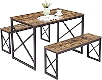 Vista 7 de VECELO Mesa de Cocina con 2 Bancos para 4, Juegos de Comedor de Madera de 43.3'' con Marco de Metal en X para Rincón de Desayuno y Espacio Pequeño