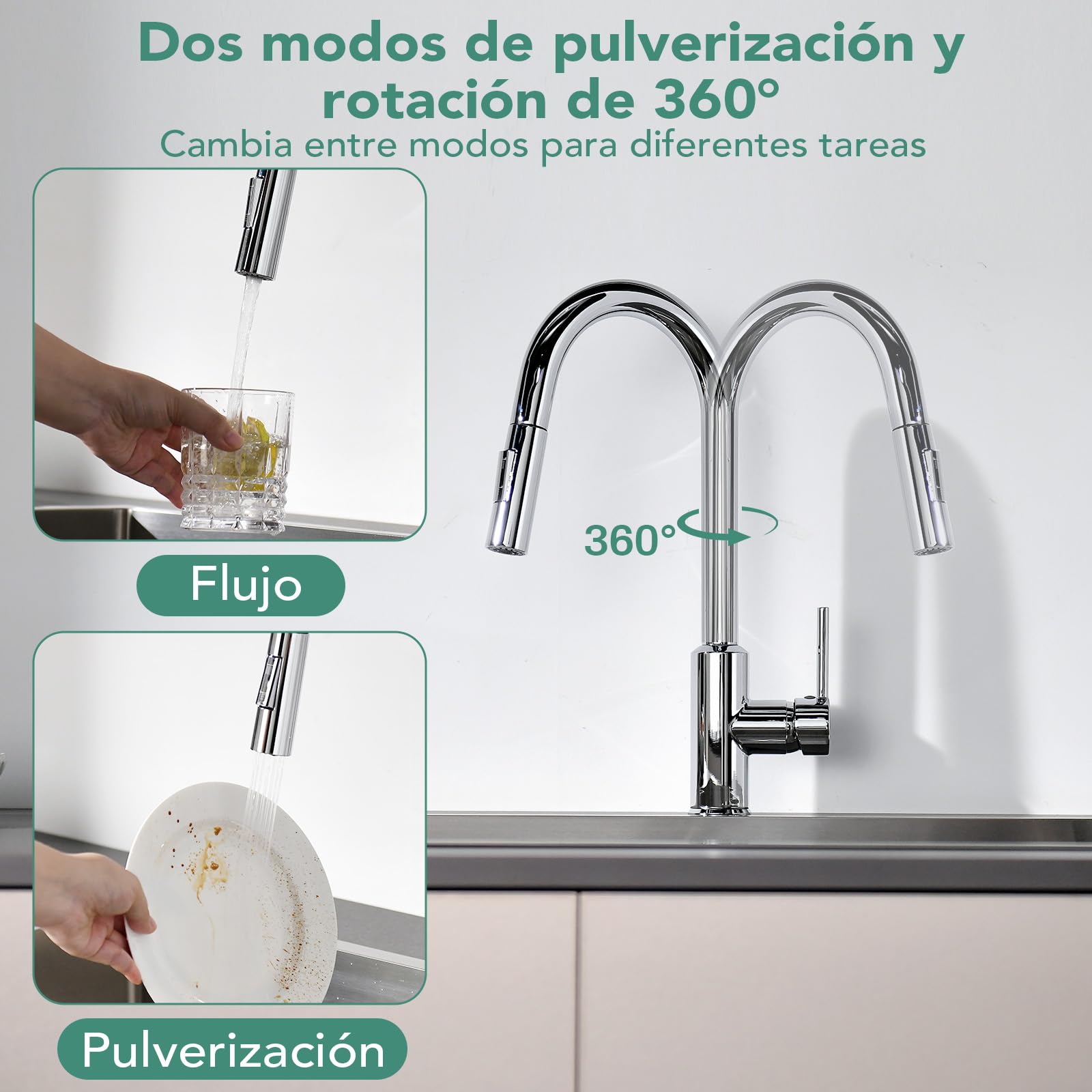 Grifo de Cocina con Cabezal Rociador Extraíble, Grifo de Fregadero, Giro de 360°, Dos Funciones de Rociado,Acero Inoxidable, Cromado