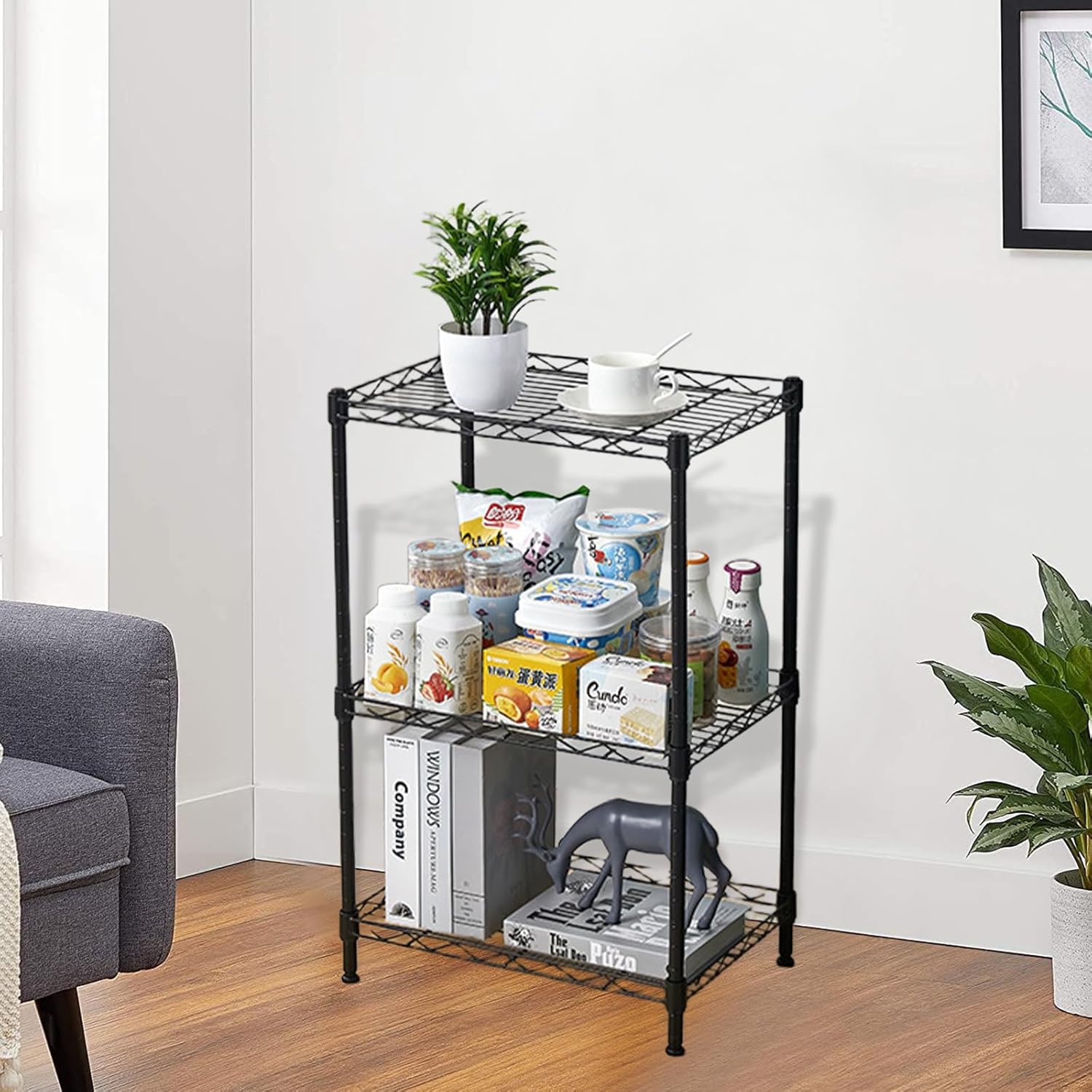 Heavy Duty Stainless Steel Kitchen Storage Rack, Adjustable Shelf Organizer with Non-Slip Mats, Black, for Cabinets, Countertops, Pantries (3-Tier Rack)
