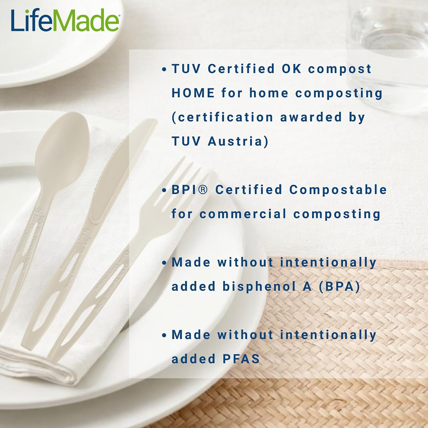 Home (TUV OK compost HOME Certified) and Commercially Compostable (BPI Certified) Cutlery - 12 Boxes per Case; 24 Utensils per Box (8 Fork, Spoon, and Knife Sets)
