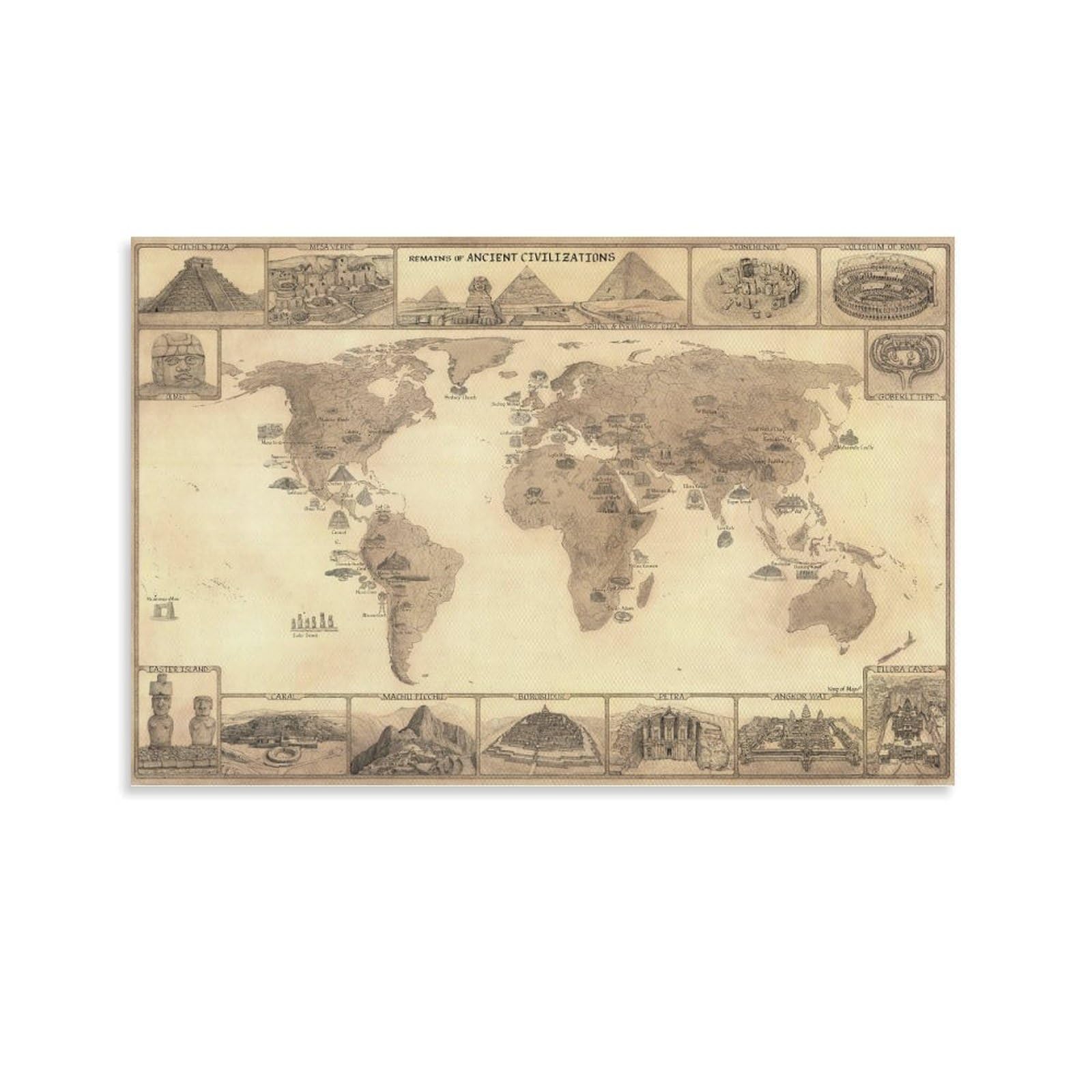 KKPLO ANCIENT CIVILIZATIONS MAP Hand-drawn World Map Evidence of past Civilizations Canvas Poster Wall Art Decor Print Picture Paintings for Living Room Bedroom Decoration 08x12inch(20x30cm)