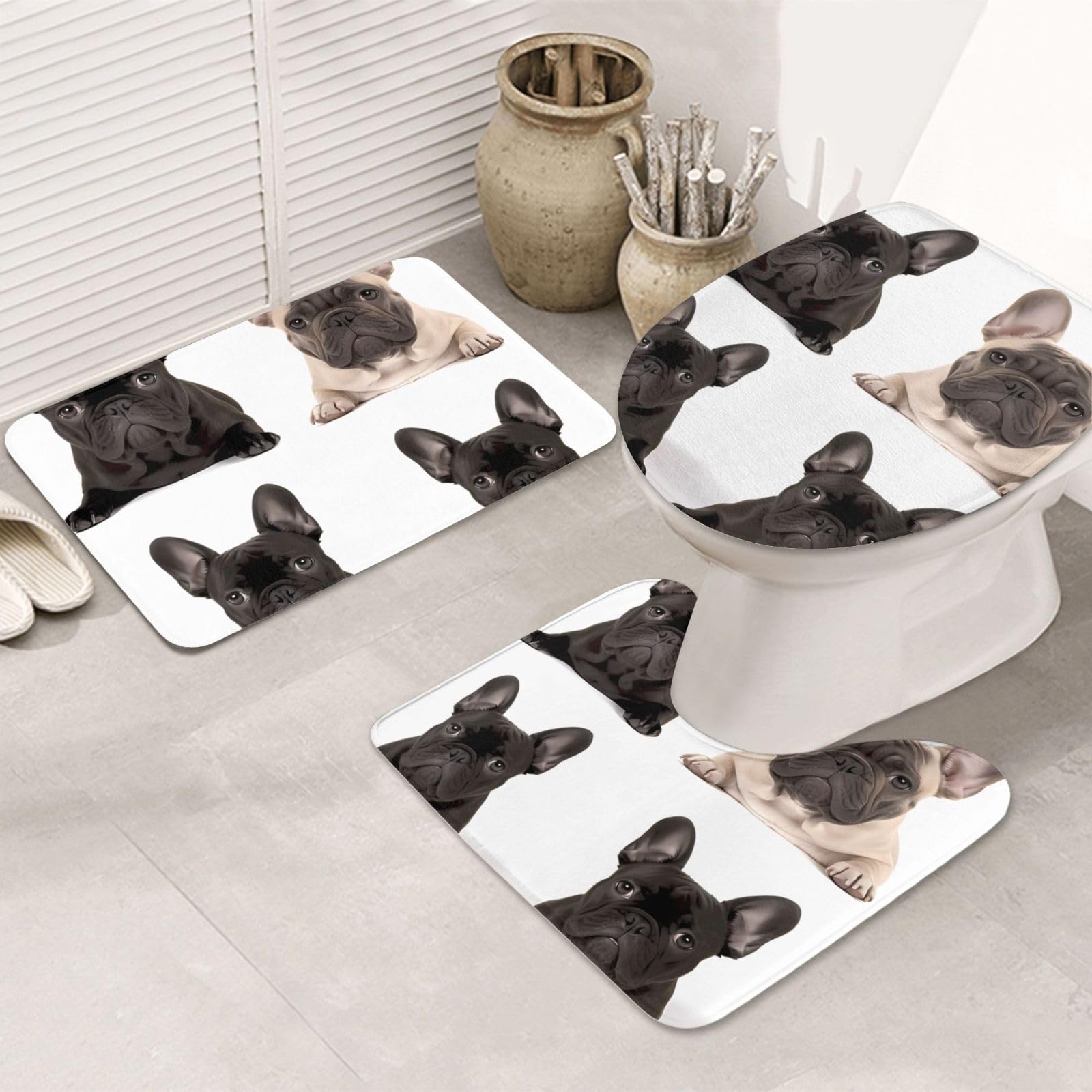 Tapis de salle de bain super doux absorbant et contour WC bouledogue français flanelle