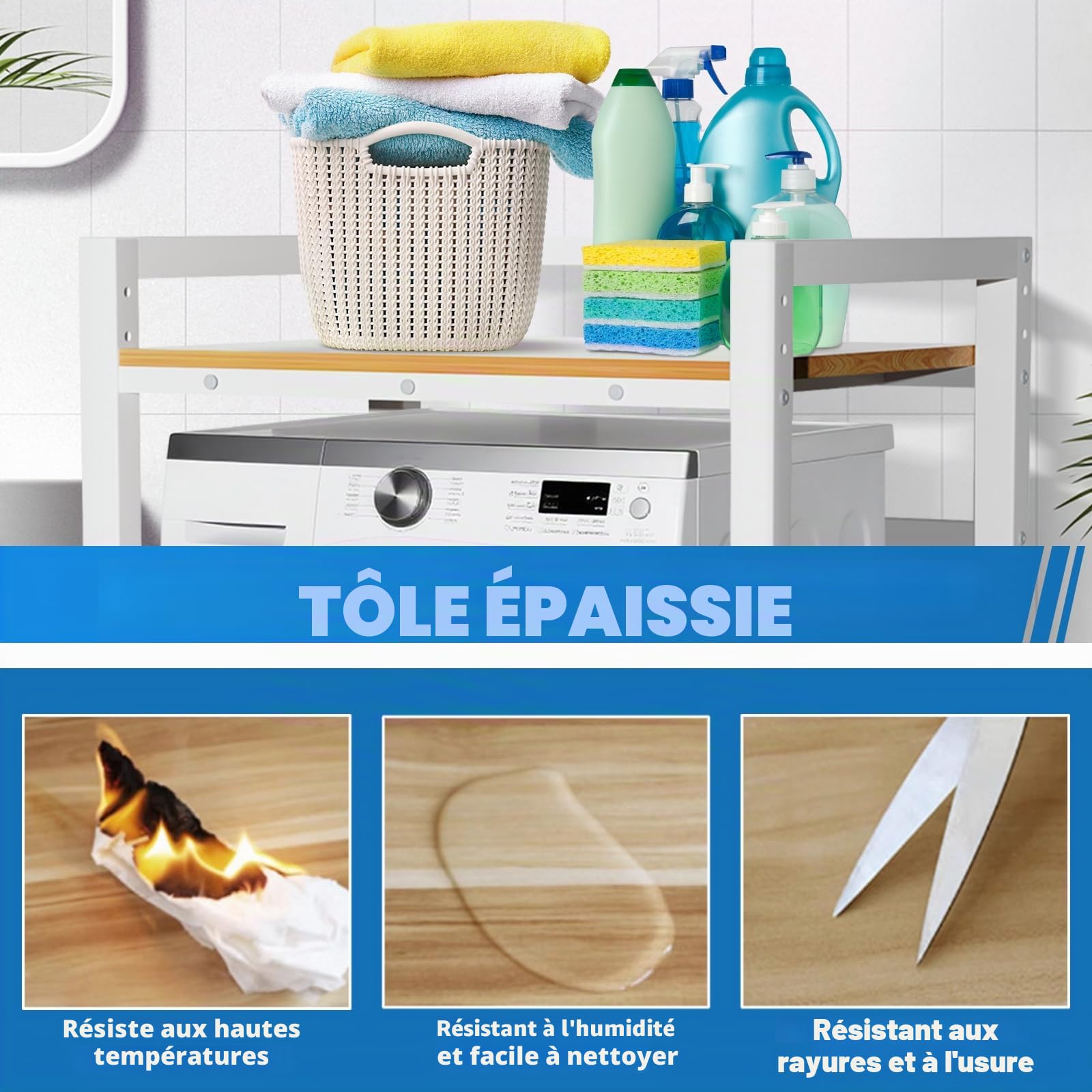 Meuble machine à Laver et seche linge, 3 Hauteurs Réglables, Superposition Lave Linge Seche Linge, Capacité Charge 300kg pour Buanderie Salon Salle De Bain Cuisine Balcon (Blanc)