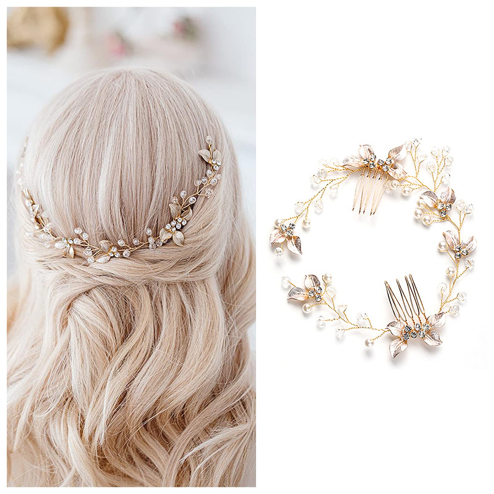 Vite Per Capelli Da Sposa Con Perle E Cristalli – Accessorio Floreale Con Foglie, Fatto A Mano, Lunghezza 20 Cm - 2