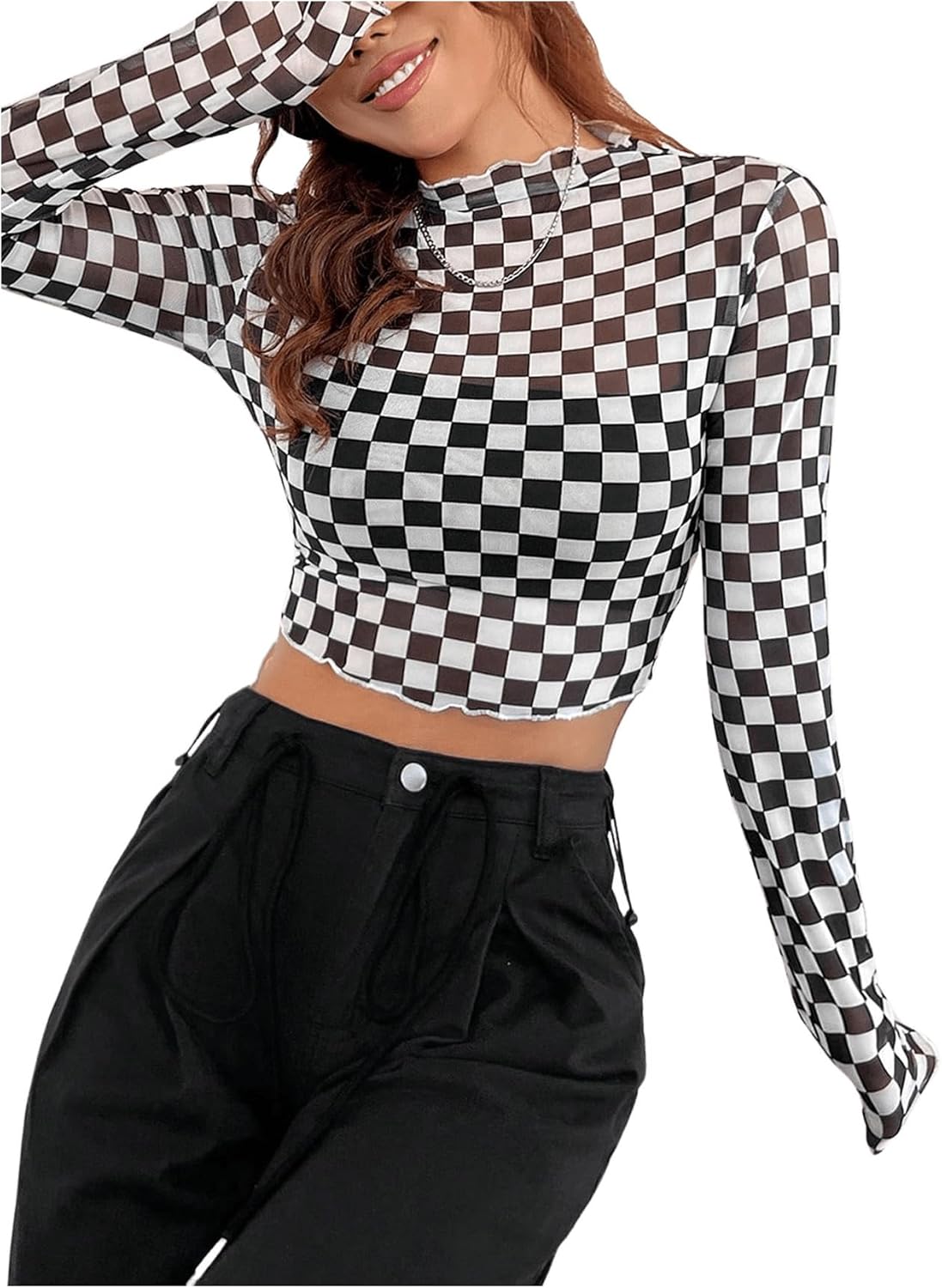 SHENHE Women's Plaid Long Sleeve Mock Neck Lettuce Trim Crop Tee Checkered Fitted Top - Image 6