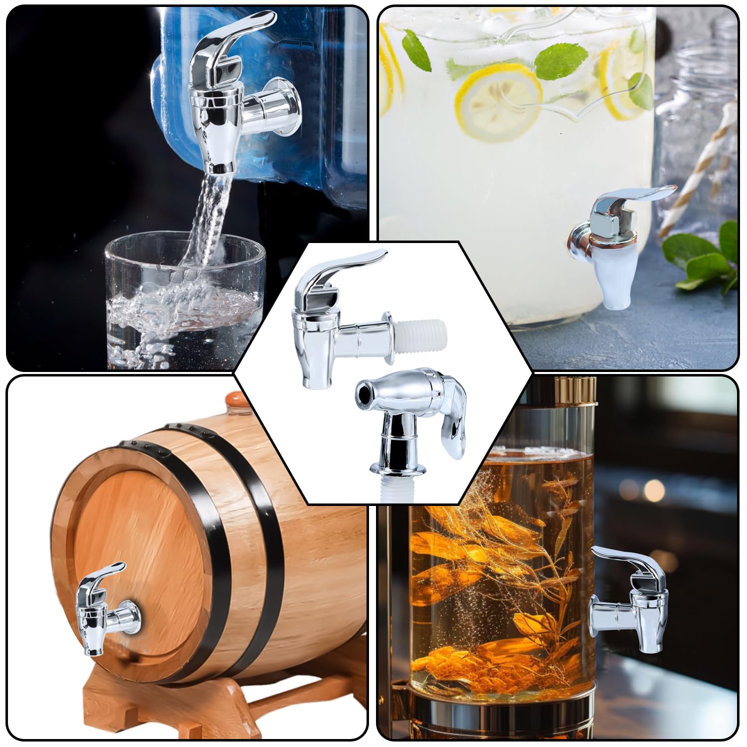 Set di 4 rubinetti per dispenser di bevande, in argento e con erogatore di acqua di ricambio per bevande fredde e calde, per caffè e succo