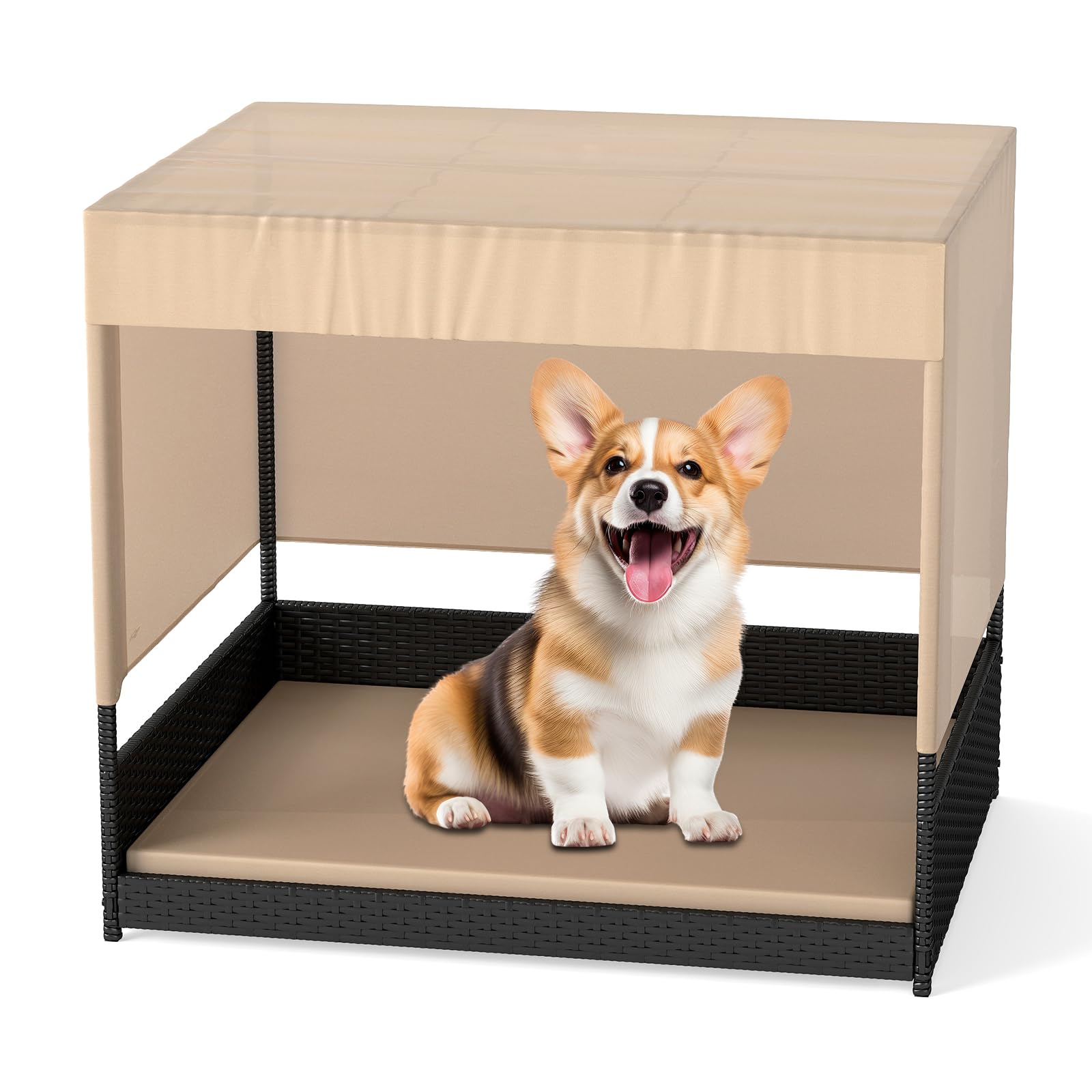 COSTWAY Wicker Dog House, Raised Rattan Dogs Bed with Removable Cushion & Canopy Roof, Indoor Outdoor Elevated Pet Sofa Shelter for Small and Medium Puppies Cats