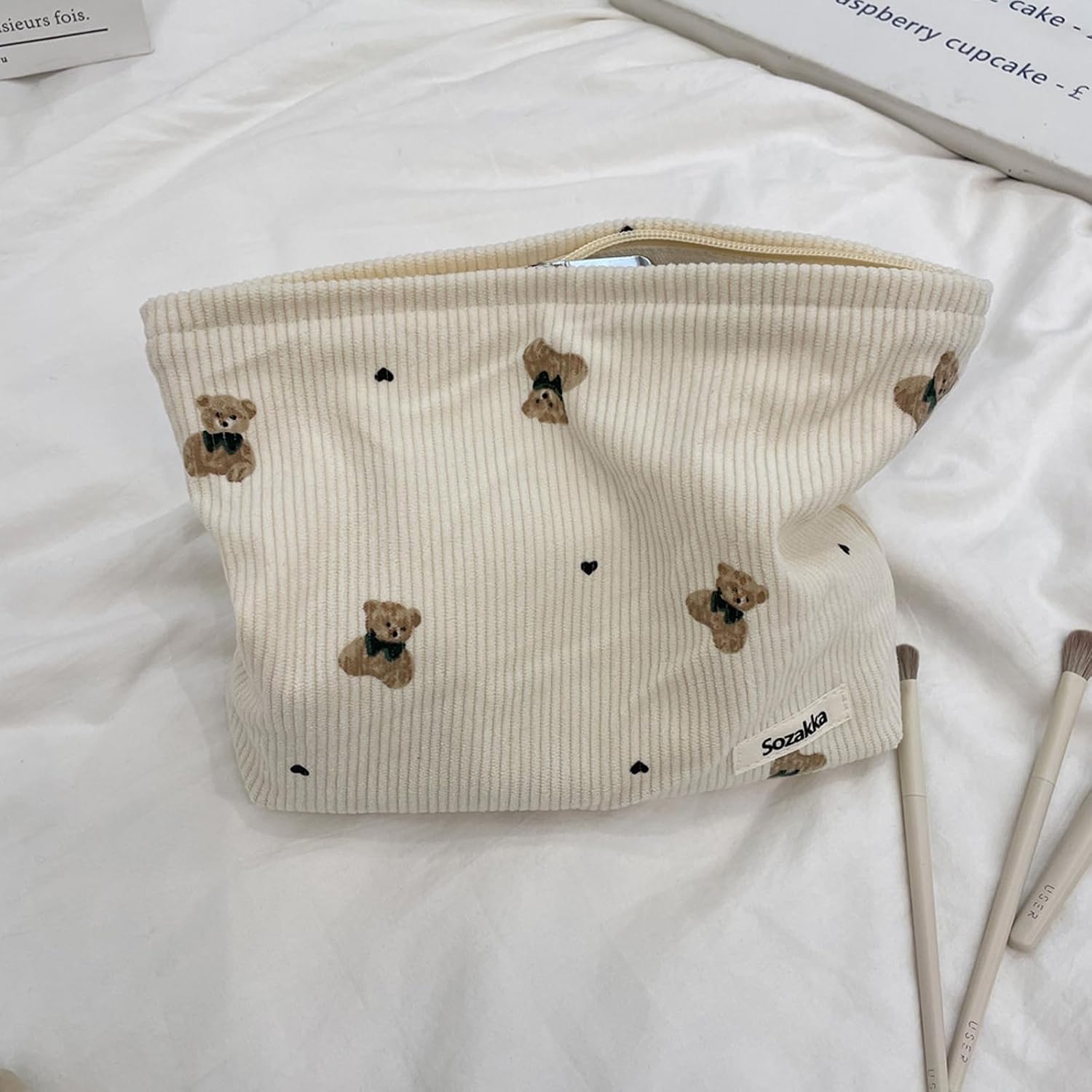 Cute Small Soft Corduroy Zipper Makeup Bag for Purse, Coquette Aesthetic Pouch with Bear Pattern for Women Girls, Kawaii Travel Cosmetic Bags（03Beige）