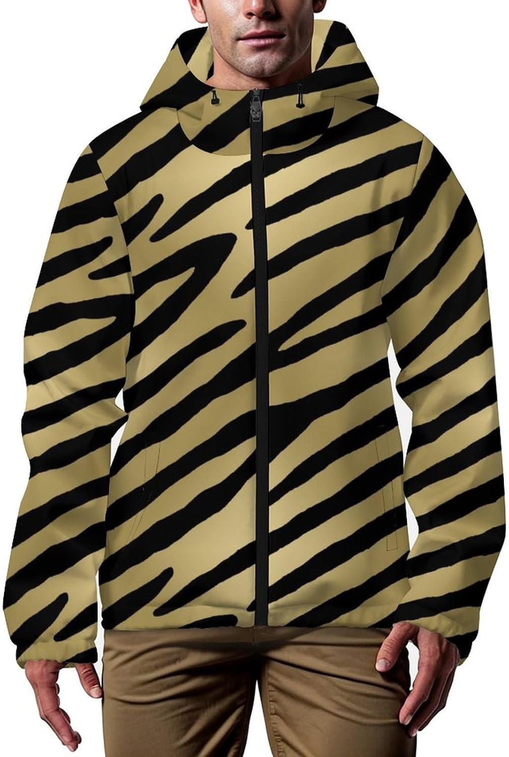 Gold Black Zebra Print Men's Windbreaker Jacket Lightweight Hooded Windbreaker Coat with Pockets