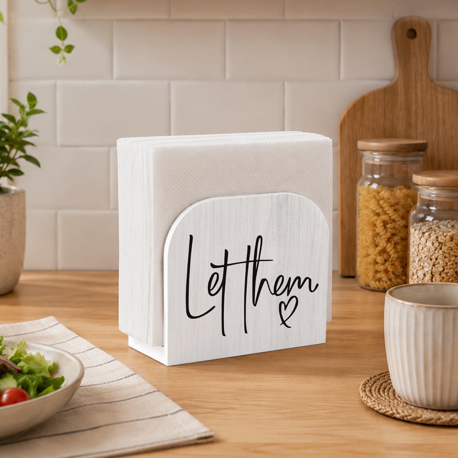 Inspirational Let Them Napkin Holder for Table, Mental Health Positive Quote Wooden Standing Napkin Dispenser Holder for Kitchen Dining Room Party Cocktail Bar Decor