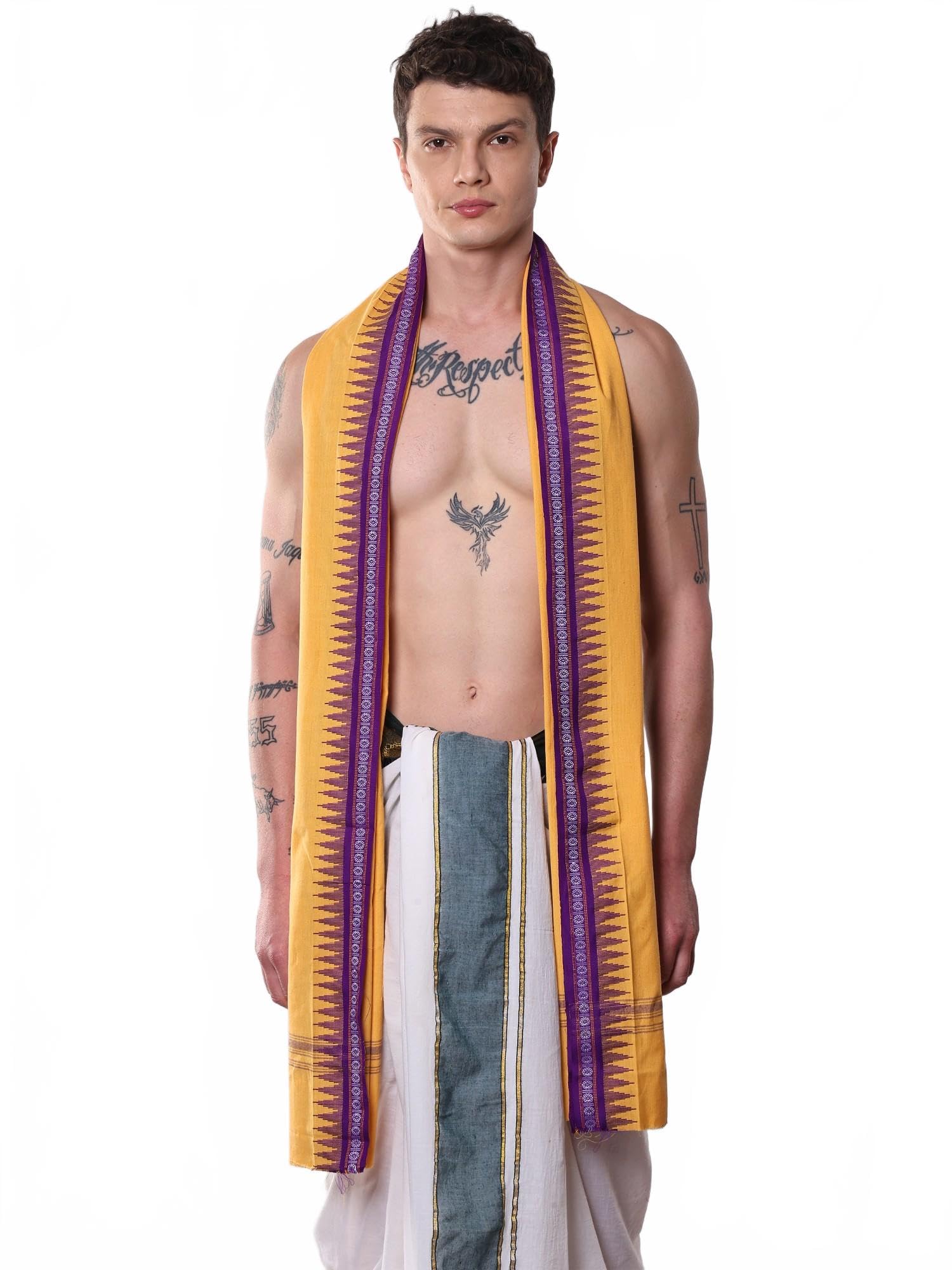 Cotton Angavastram with Thread Woven Temple and Rudraksha Border | Men's Cultural Wear-image-9