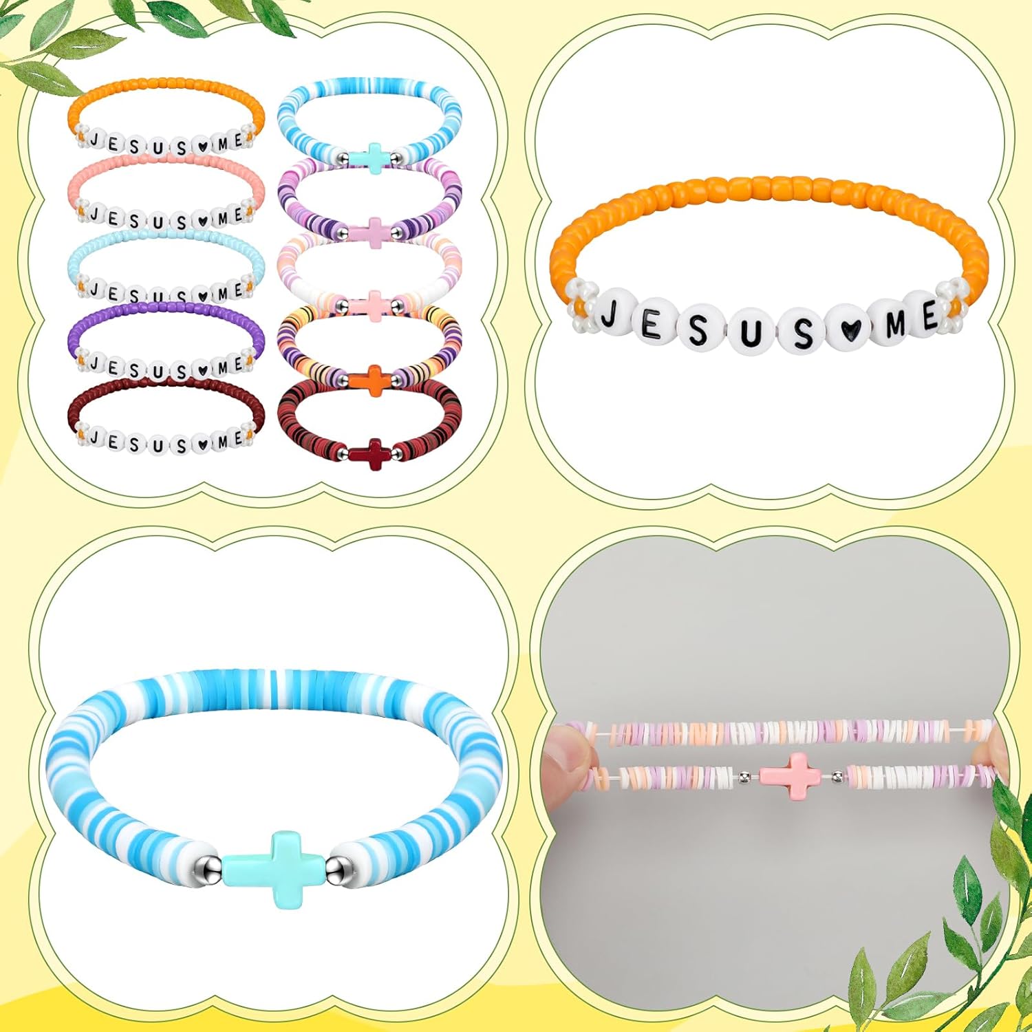 Tondiamo 60 Pcs Jesus Me Christian Bracelets Bulk Colorful Friendship Bracelet for Women Christian Religious Cross Elastic Beaded Wristband for Easter Church Reminder Jewelry Gift - Image 3