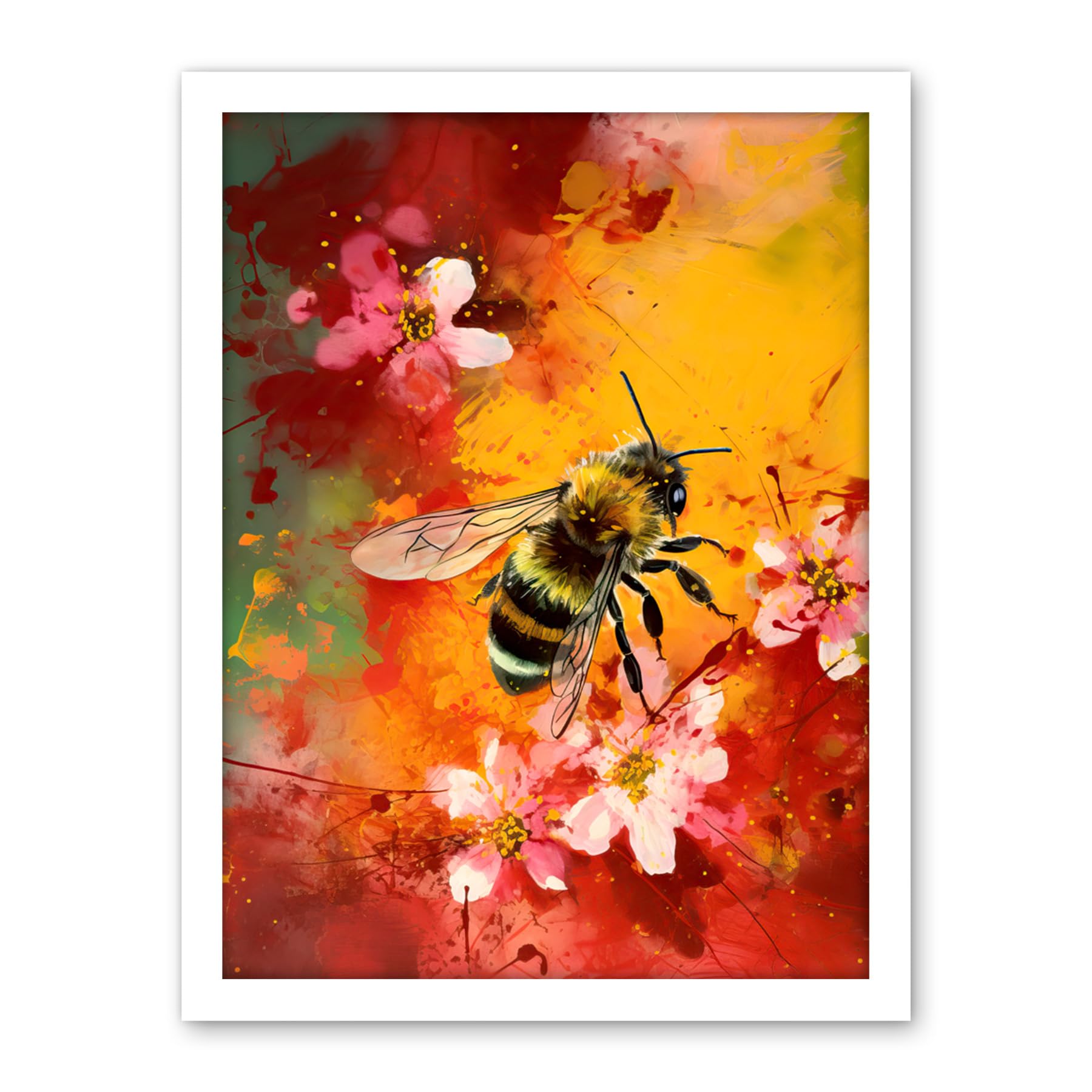 Artery8 Honey Bee on Abstract Flower Bed Oil Painting Artwork Framed Wall Art Print 18X24 Inch