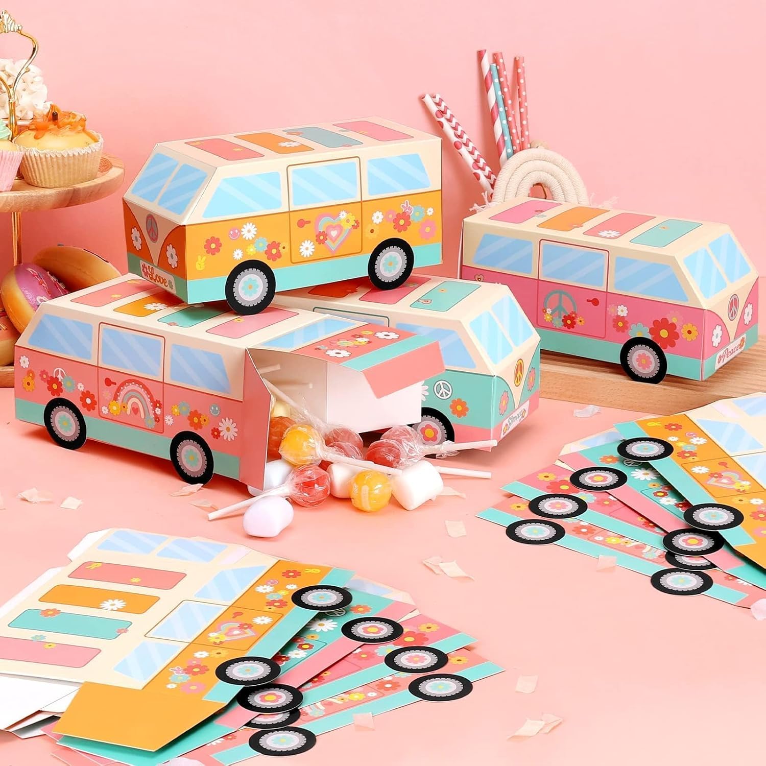 Sinasasspel 12PCS Hippie Party Favor Boxes Two Groovy Birthday Party Decorations Hippie Bus Gift Treat Goodie Candy Paper Boxes Boho Rainbow Back to School Retro 60s Theme Table Centerpieces image 5