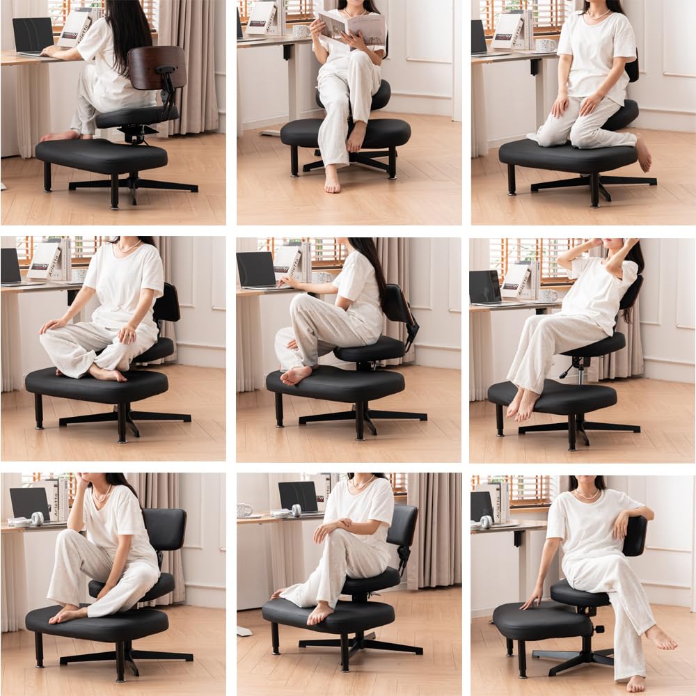 Ergonomic Cross Legged Chair for Home and Office, Versatile Kneeling Seat with Lumbar Support, Height & Angle Adjustable, Yoga Desk Chair, Black