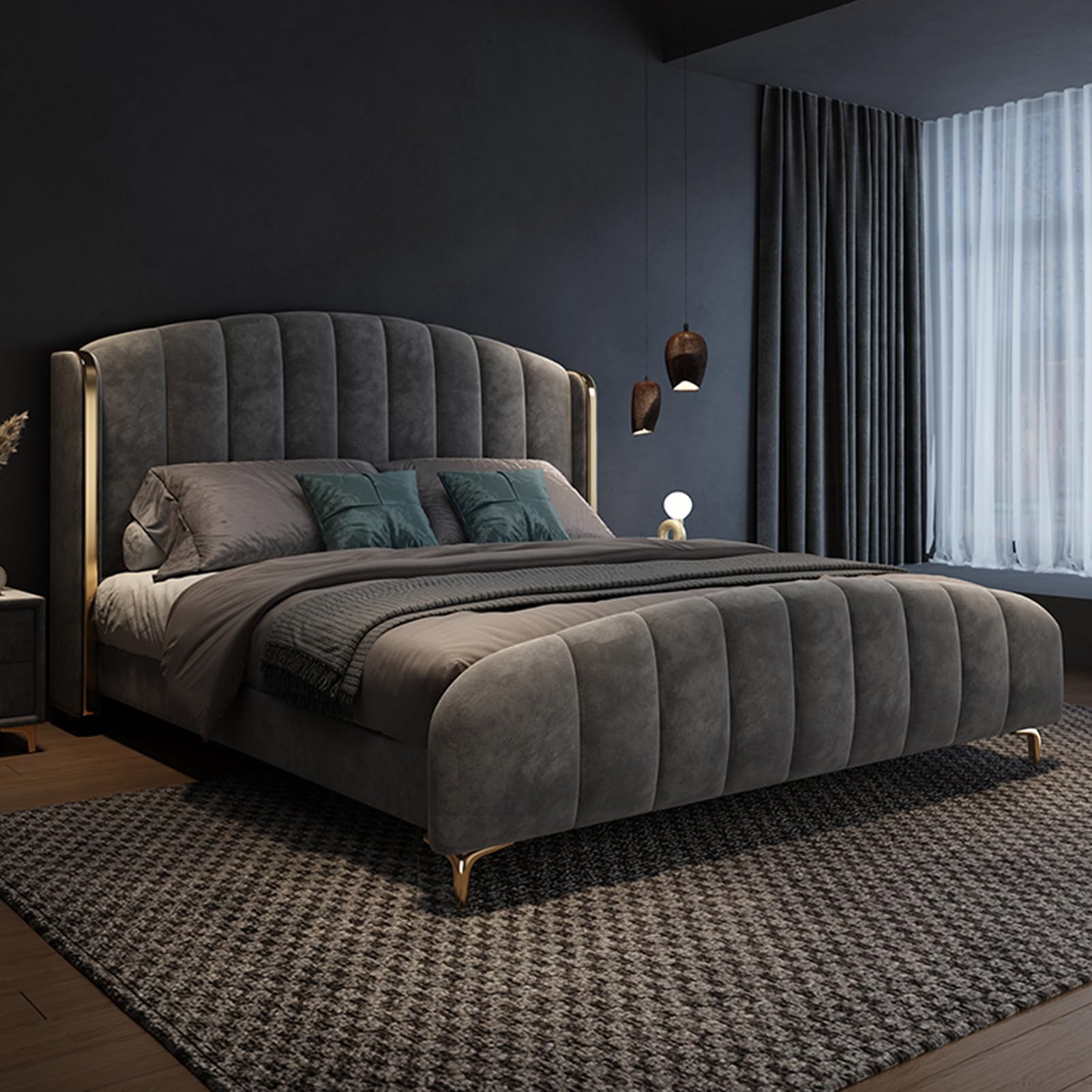 King Size Mid-Century Genuine Leather Wood Bed Upholstered Platform Bed Frame with Headboard and Drawers Wooden Slats Support