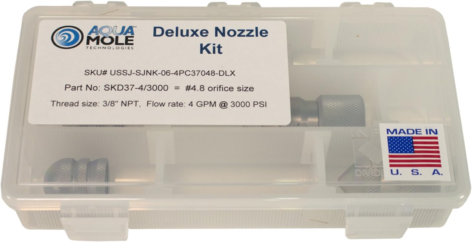 Aqua Mole 4pc Sewer Squad Deluxe Jetter Nozzle Kit 3/8in. NPT 3000 PSI 4.8 Orifice Thruster Flusher Degreaser & Roto Spinner