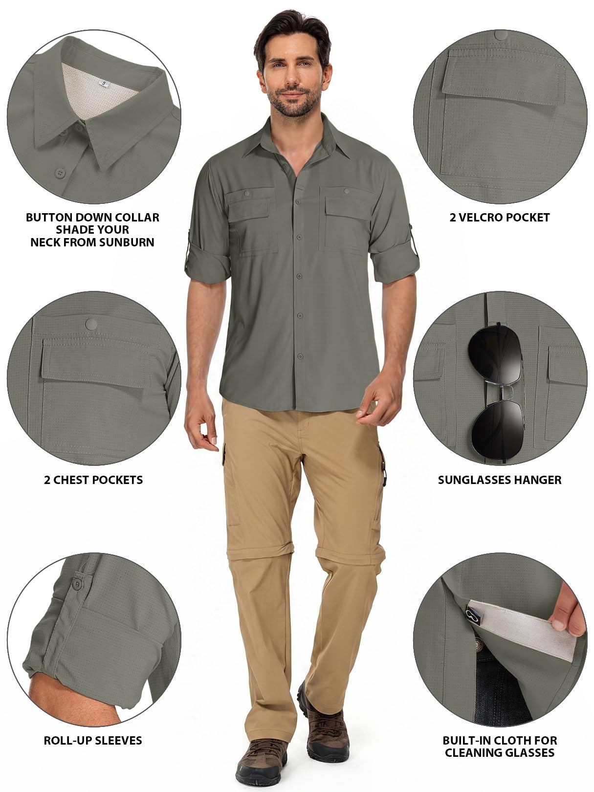 Camisas de pesca con protección solar para hombre, manga larga, para viajes, UPF 50+, UV, secado rápido, para safari, camping, senderismo, camisas con botones