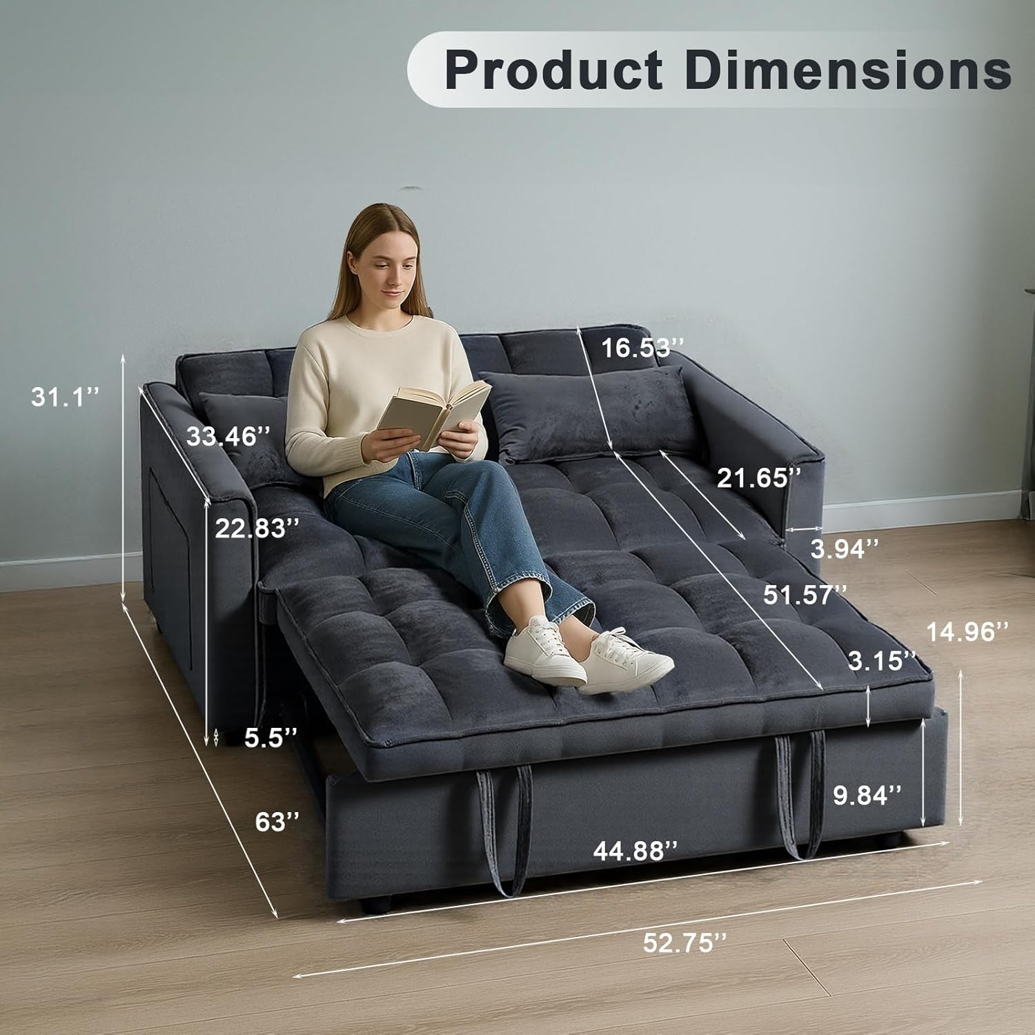 Pull-Out Convertible Loveseat Sleeper – 3 in 1 Black Velvet Futon Sofa Bed, Love Seat Couches for Living Room Apartment, 2-Seater Sofa Bed for Small Spaces with Side Pockets & Modern Style