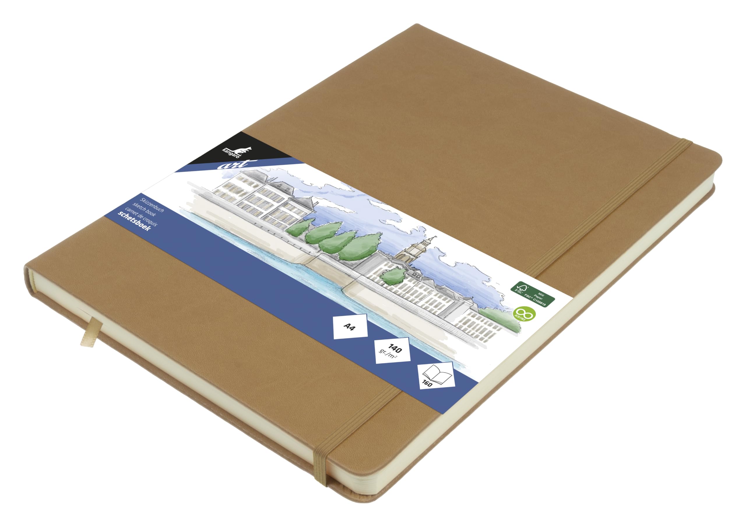 Sketchbook Kangaro A4 Taupe PU Hard Cover 80 Sheets 140 g Cream Paper with Elastic Band and Ribbon
