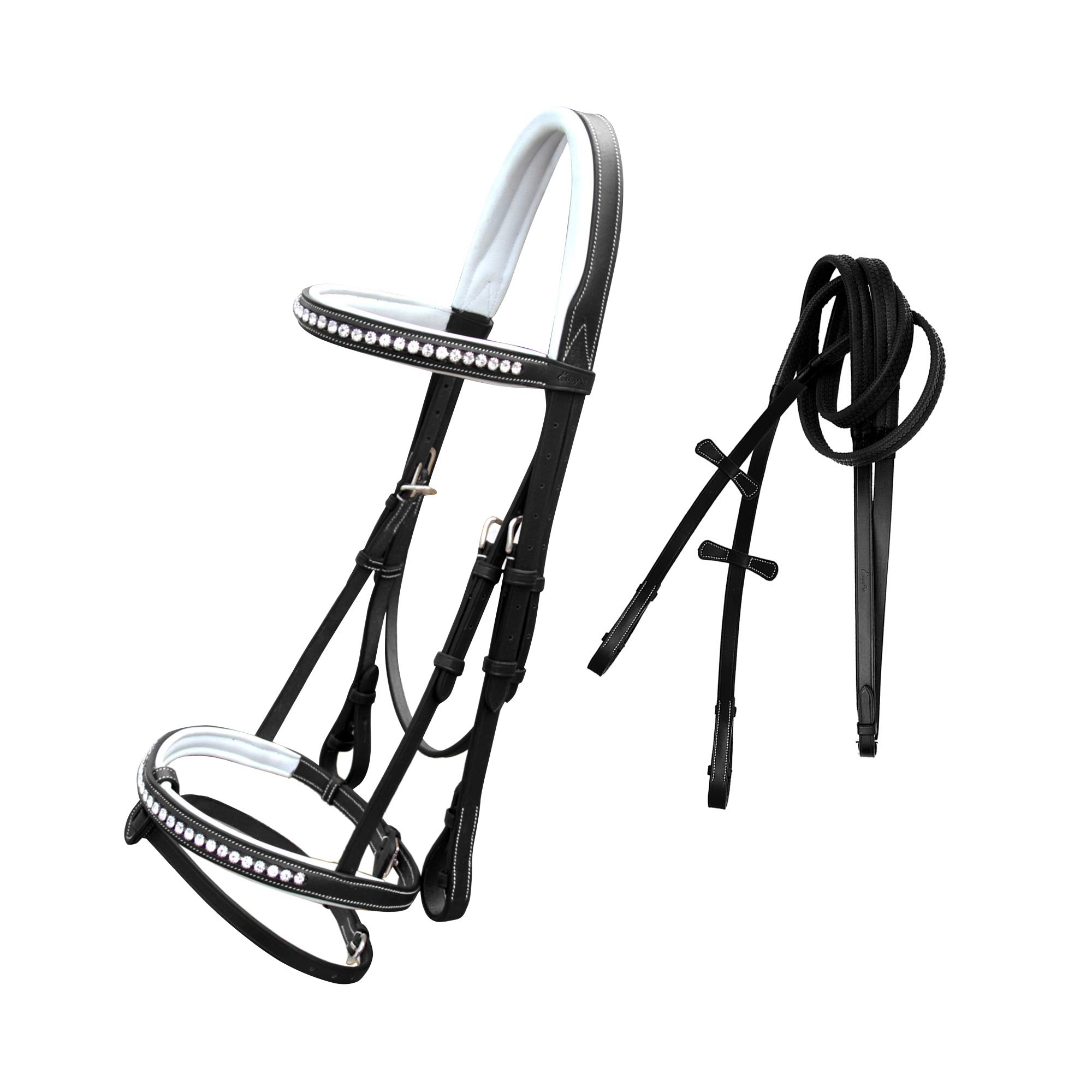 Exion White Bling Browband & Noseband White Padded Leather Bridle with Detachable Flash & Strong Rubber Reins for Horse Comfort | English Show Jumping Bridle Set
