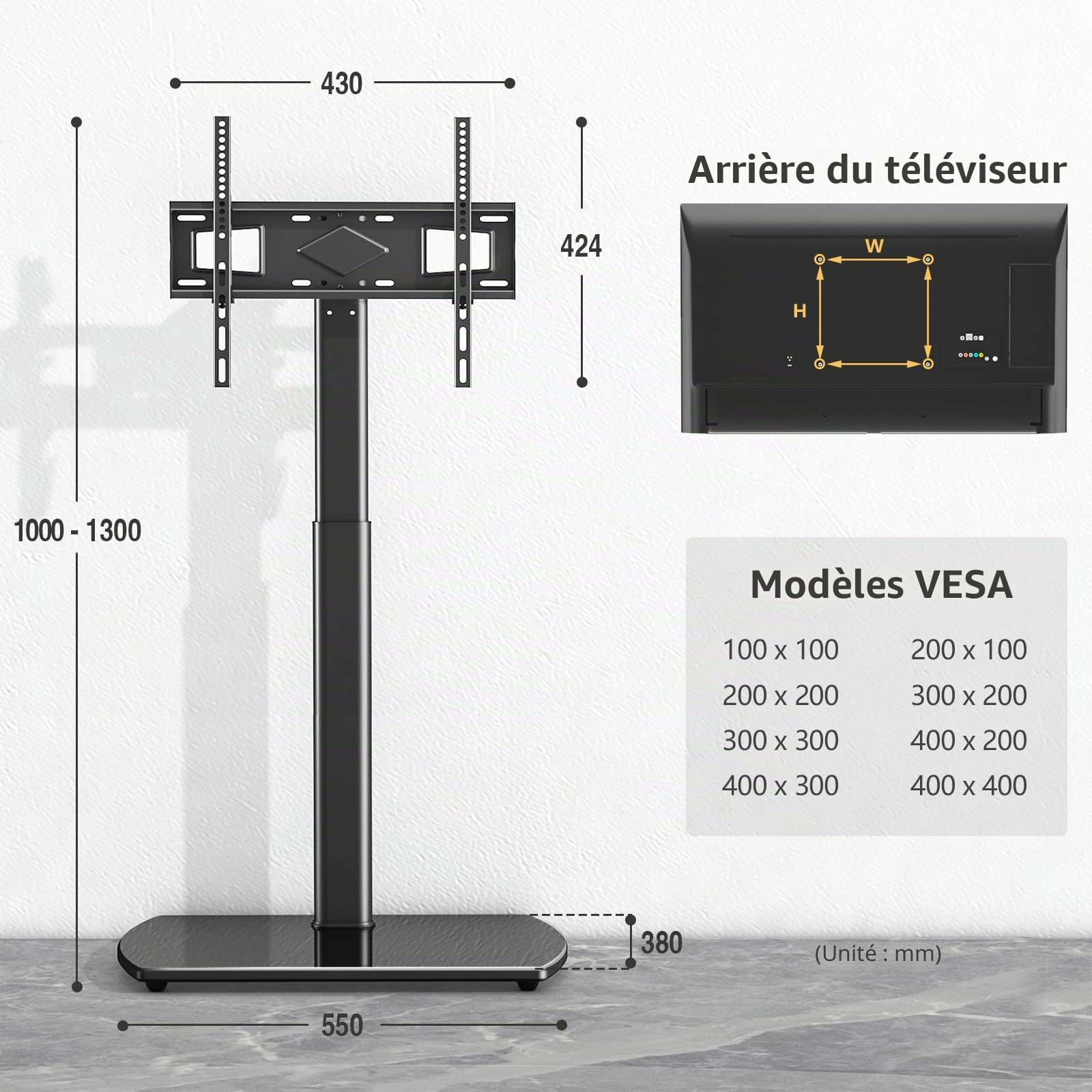 RFIVER Meuble Support TV sur Pied pour Téléviseur de 32 à 65 Pouce Ecran LED LCD Plasma Jusqu’ à 35kg Pied TV Pivotant à 60 Degrés Hauteur Réglable Gestion des Cables