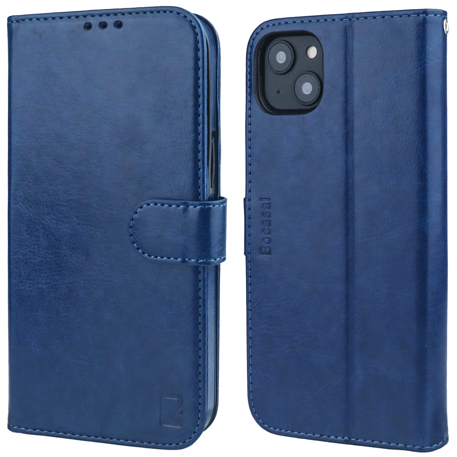 Bocasal Wallet Case for iPhone 14 Plus, RFID Blocking Magnetic Flip Case with Card Slots Holder Kickstand Wrist Strap, PU Leather Folio Shockproof Protective Cover 6.7 Inch (Dark Blue)
