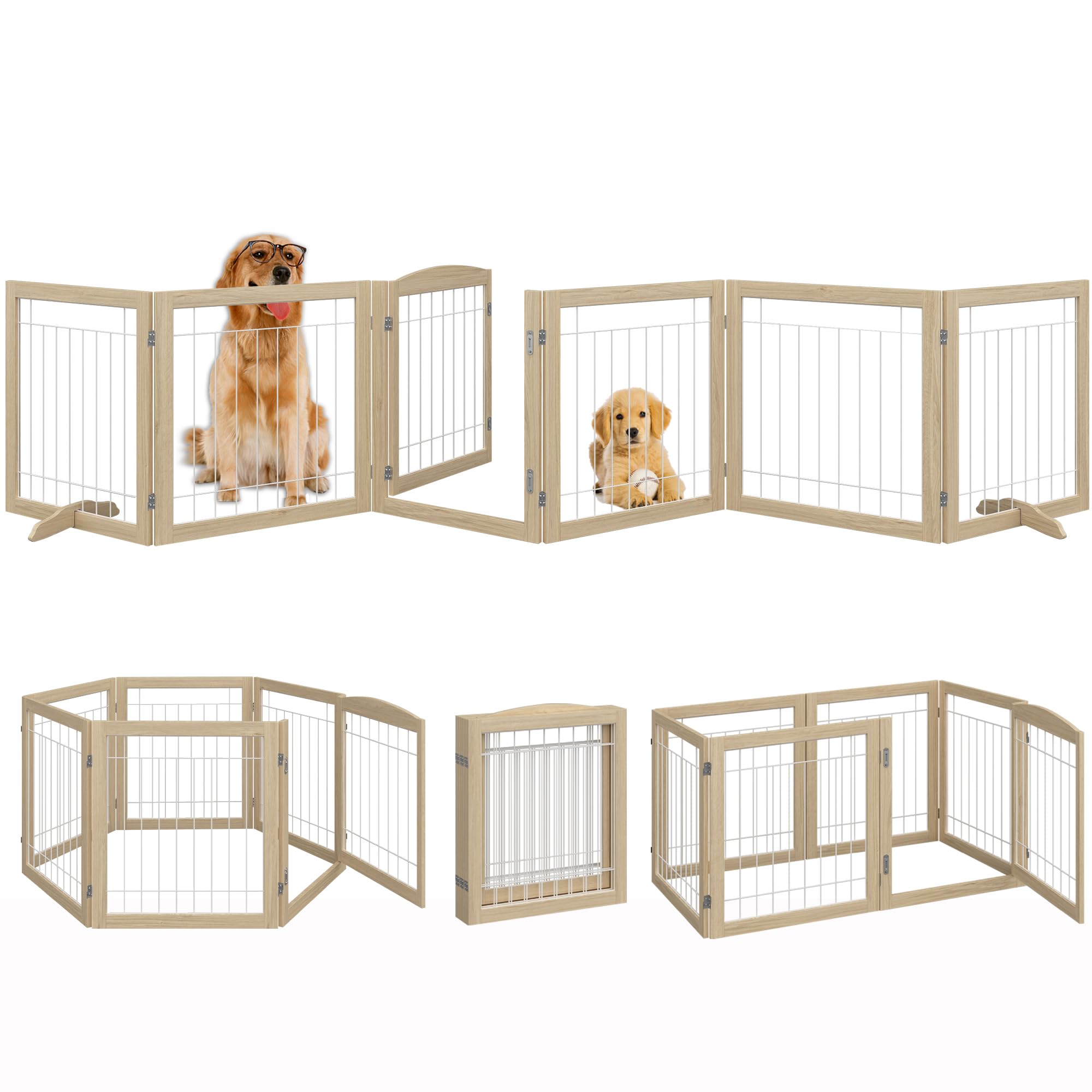 Vantas Folding No-Assembly Pet Gate 144" Wide, 30" Tall Wooden Dog Gate with Door Walk Through, Freestanding Wire Pet Gate, Pet Puppy Safety Fence, with 2PCS Support - Natural White