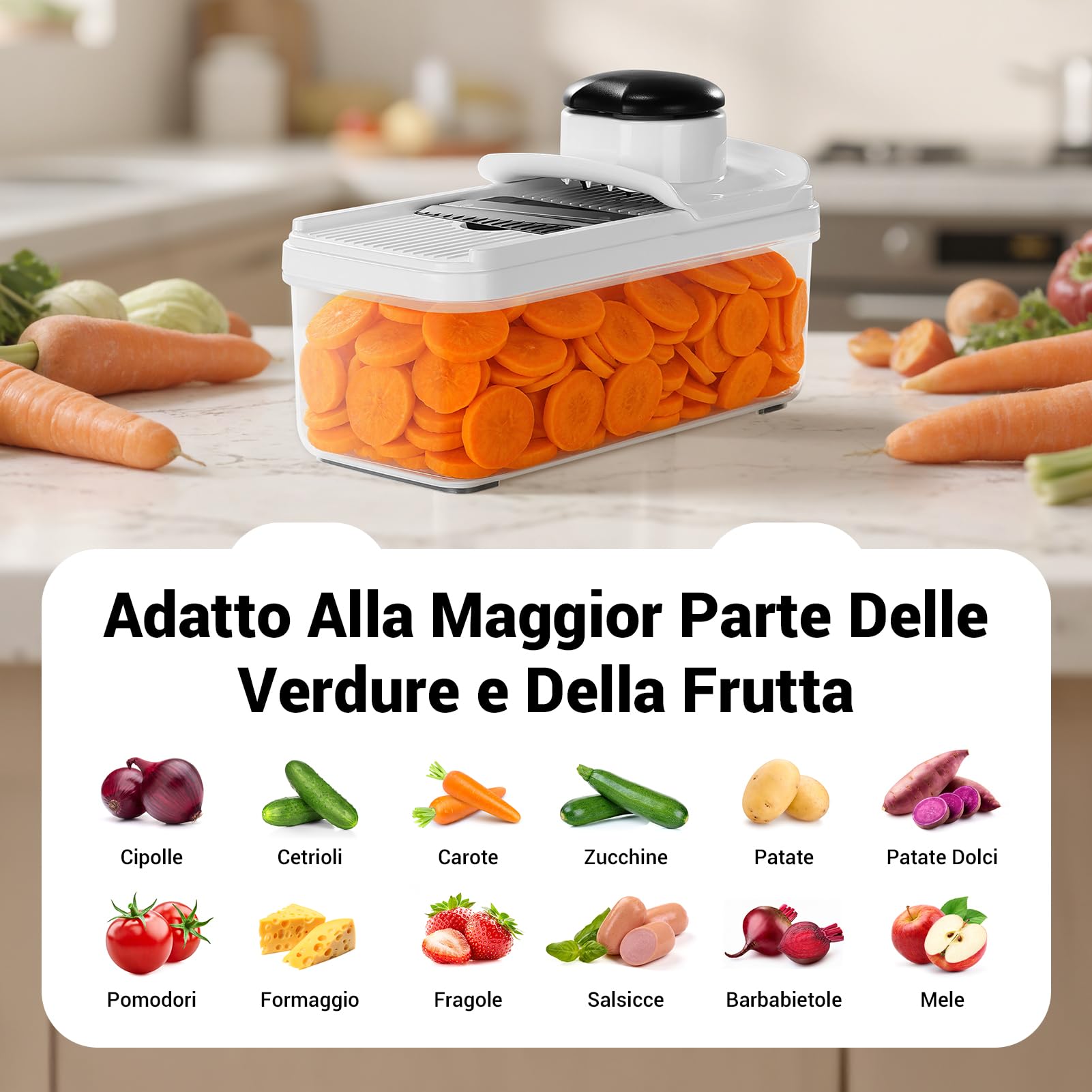 Mandolina per Verdure, Taglia Verdure Multifunzione, Tagliaverdure Manuale con 7 Lame in Acciaio Inox Intercambiabili, Tritaverdure per Cipolla, Carota, Patata e Cetriolo
