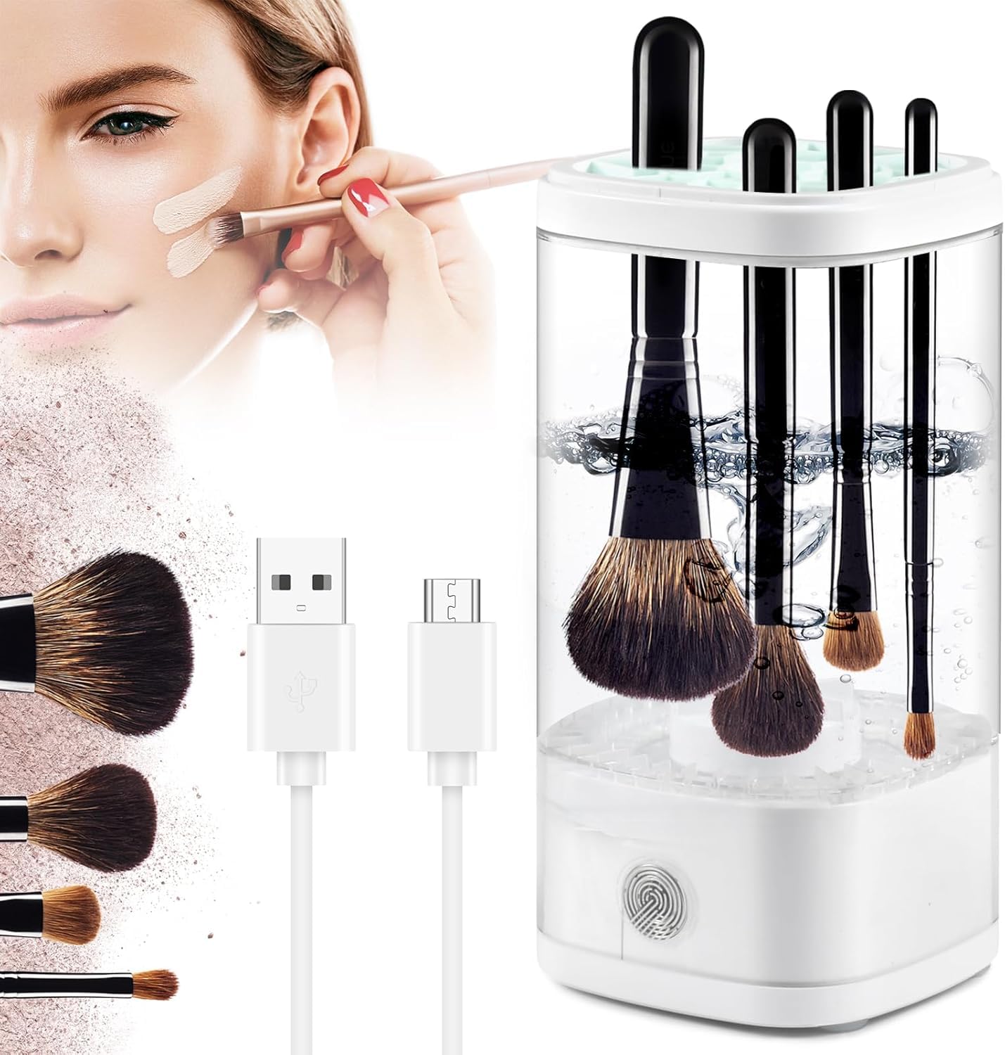 Elettrico Pulisci Pennelli Make Up, Pulitore Pennelli Trucco Elettrico, Automatico Pulizia Pennelli Make Up, USB Pulizia Pennelli Make Up, Rapido Efficiente per la Pulizia Profonda Spazzole (Bianco)