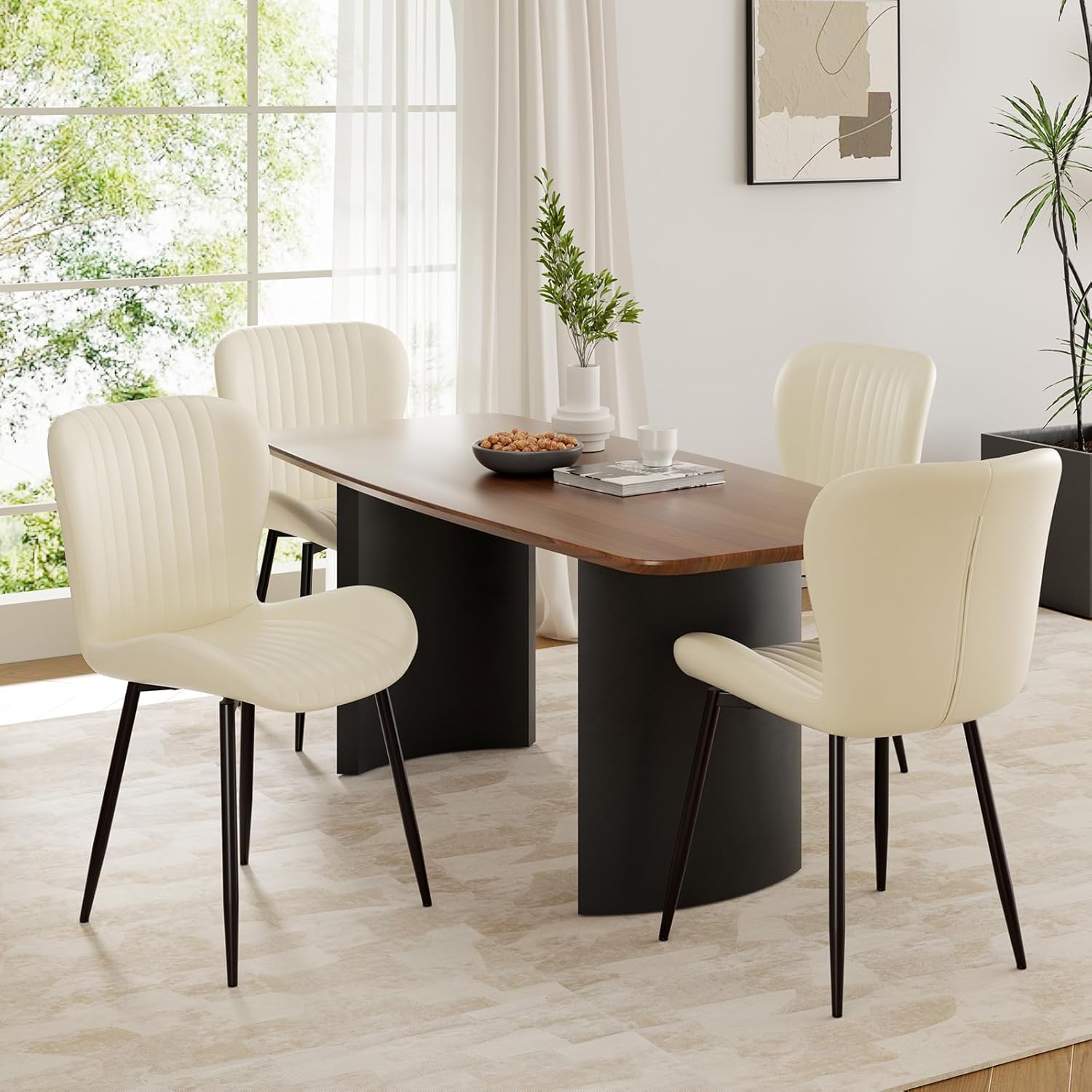 Dining Chairs Set of 2, Modern Upholstered Pu Leather Kitchen Side Chairs Dining Room Chairs Comfy Backrest, Beige