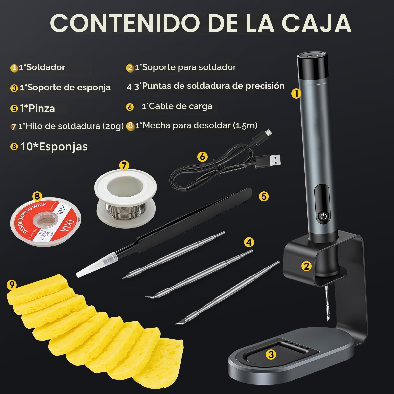 Soldador de estaño inalámbrico con LCD, 7 s de calentamiento rápido, temp. 200–450 °C, USB-C recargable, auto reposo, 3 puntas C210, kit portátil para DIY y reparación electrónica