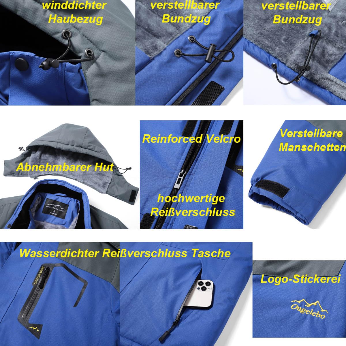 Ougelebo Wind- und Wasserdichte Winterjacke Herren Warme Skijacke Gefütterte Outdoorjacke mit Abnehmbarer Kapuze