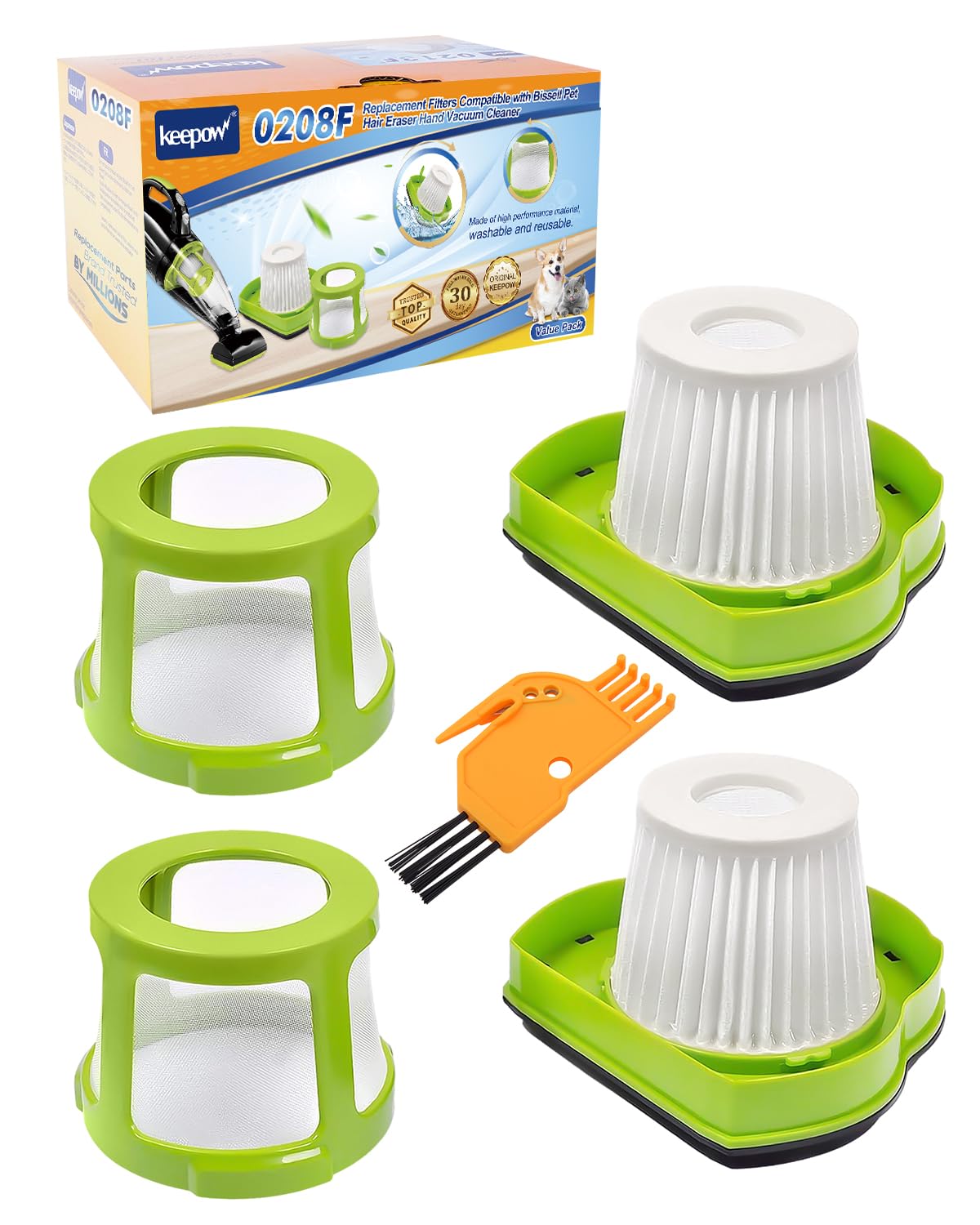 Pet Hair Eraser Vacuum Filter Replacement Fit for Bissell 1782 Pet Hair Eraser Cordless Hand and Car Vacuum, Replace Part# 1608653/1608654, 2 Pack