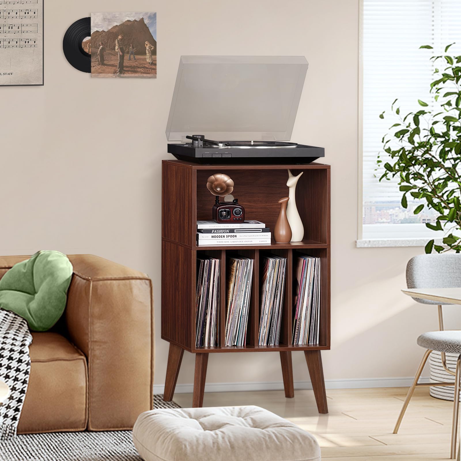 LELELINKY Supporto per giradischi, offre spazio fino a 160 album, supporto in vinile Mid-Century, tavolo con gambe in legno, noce