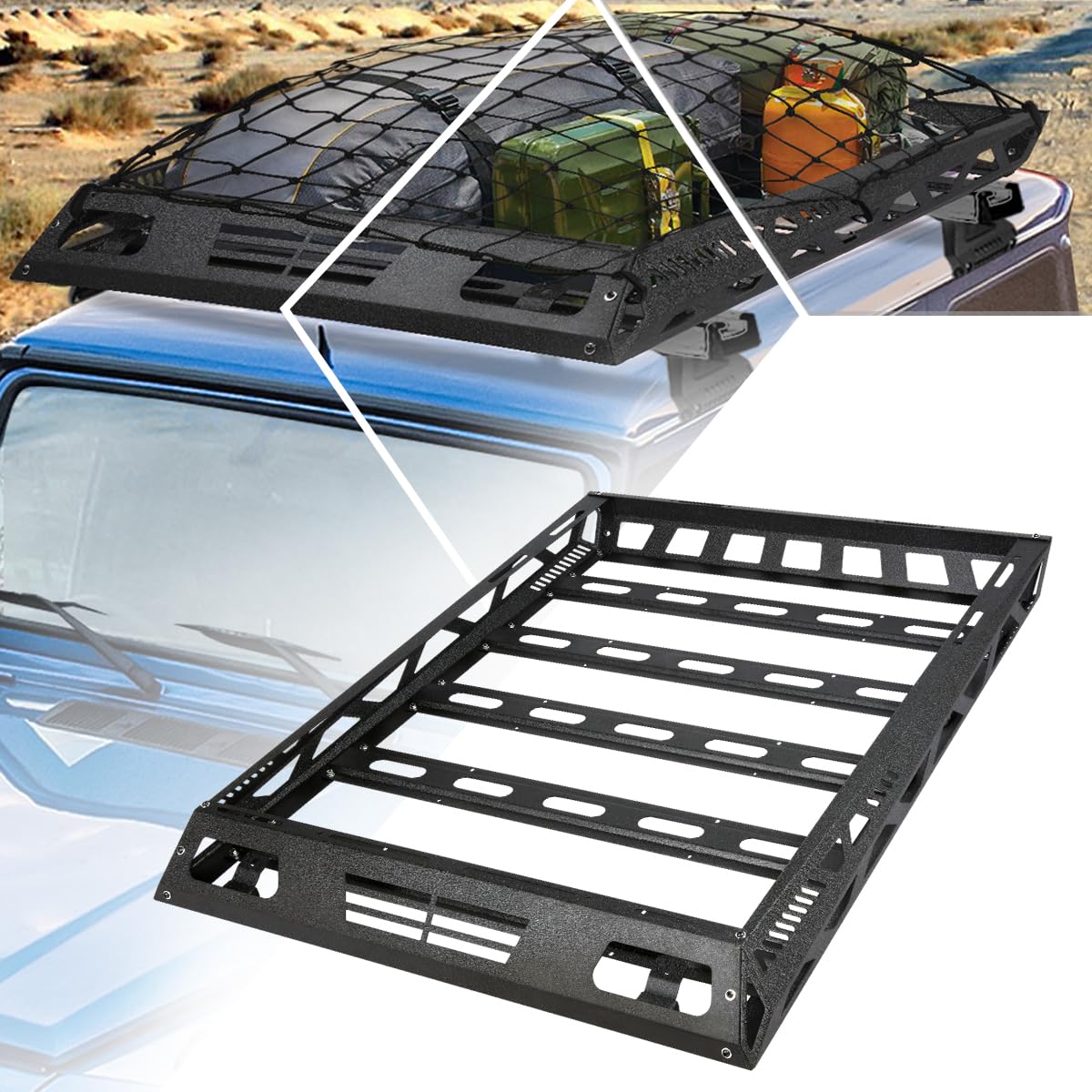 Roof Rack 53" X 43" Black Steel Basket Cargo Carrier Wind Fairing For SUVs/Trucks Universal Roof Rack - Foto 2