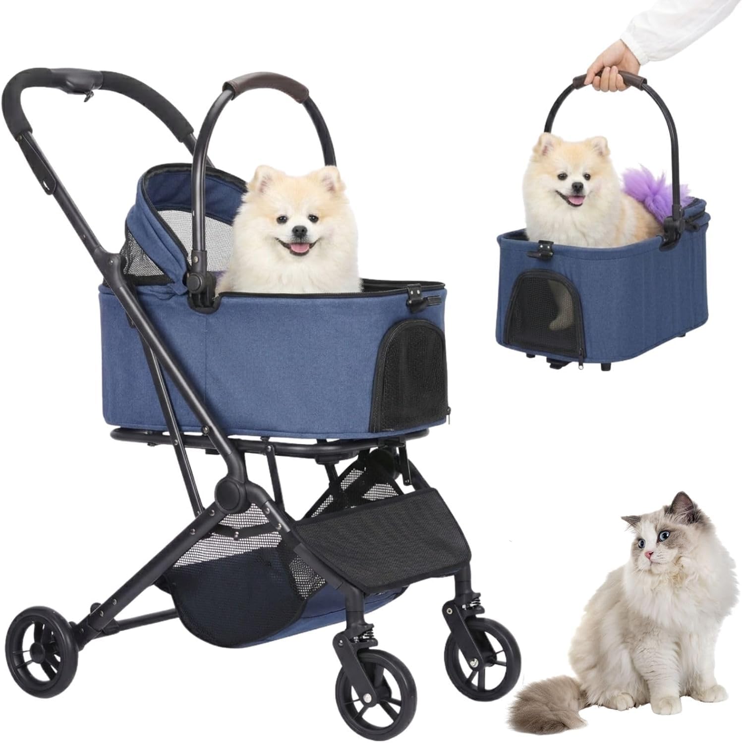 3-in-1 Pet Stroller for Medium Dogs & Cats, Foldable Dog Stroller with Detachable Carrier & Car Seat, Towable Pet Travel Stroller for Pets up to 66 lbs, All-Terrain Dog Buggy (Navy-P02C)