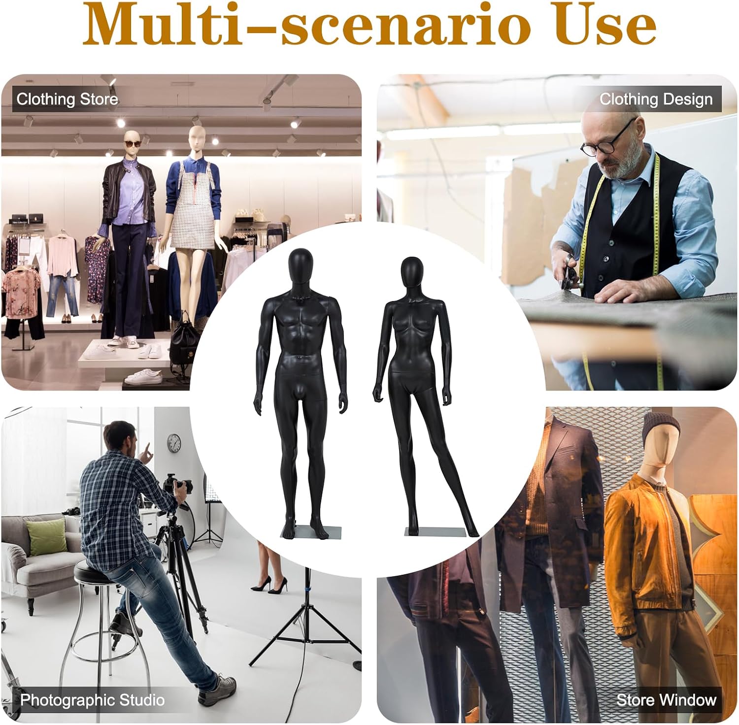Kinfant Full Body Mannequin Set- 73 Inches Male Mannequin Full Body + 70 inches Female Body Model Stand Realistic Display Metal Base for Retail Clothing Shops, Clothing Design(Black)